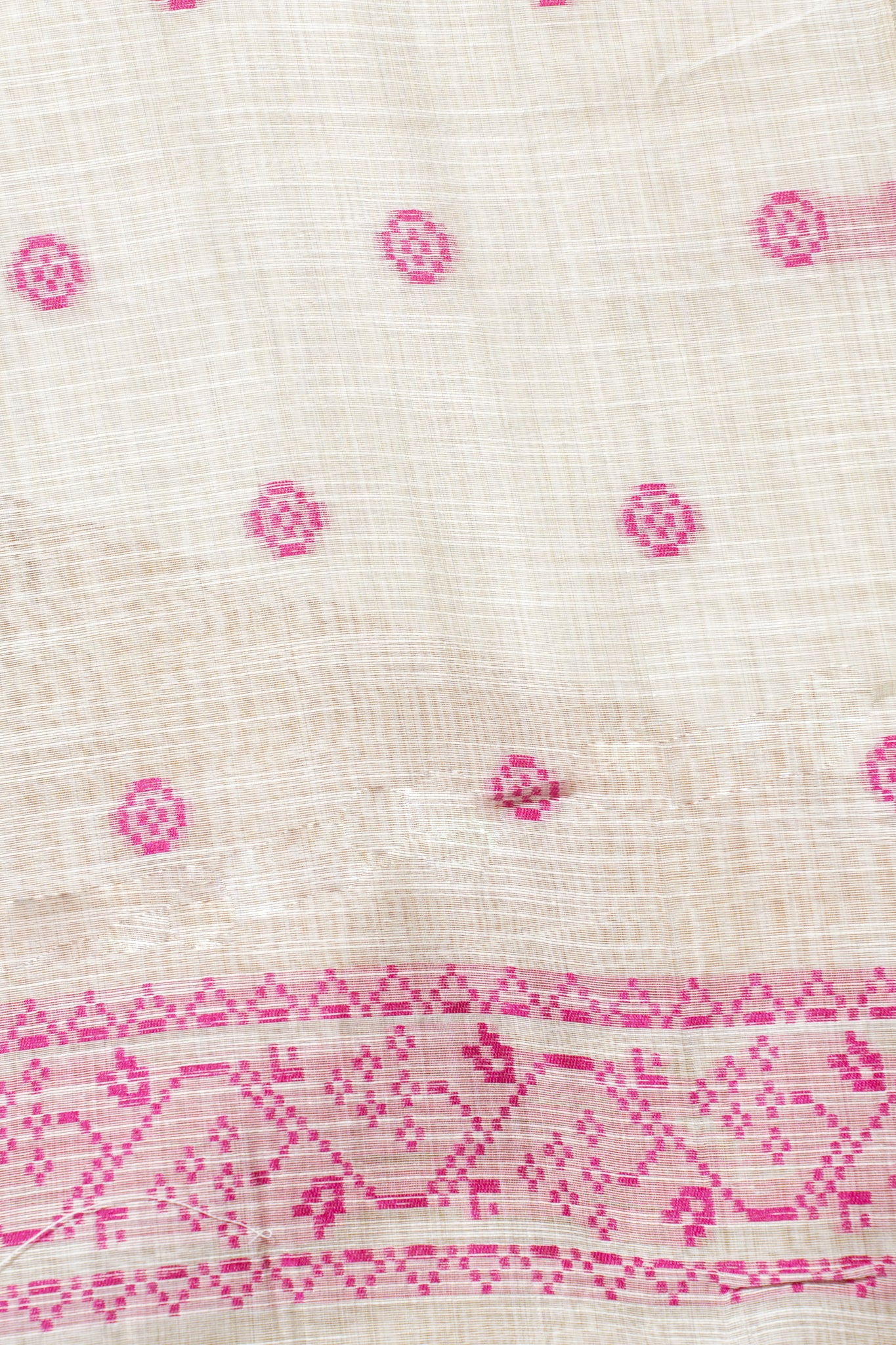 White Cotton Linen Weaving Saree with Pink Geometric Patterns