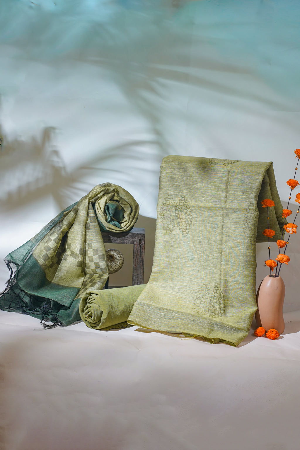 Olive Green Linen Cotton Suit Set with Plock Print