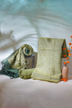Olive Green Linen Cotton Suit Set with Plock Print