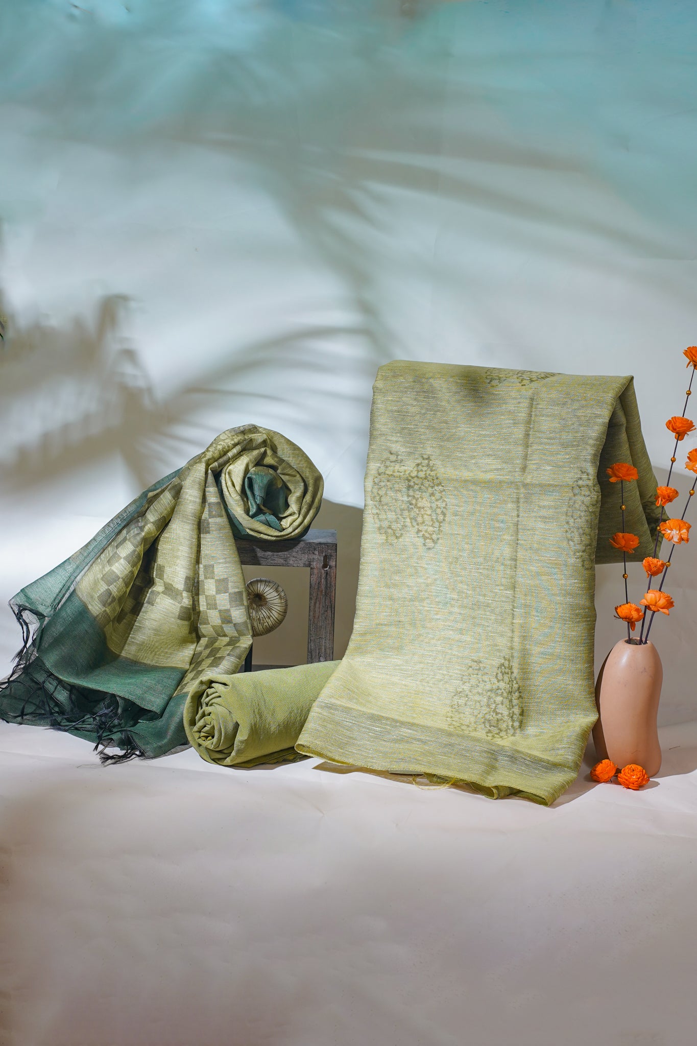 Olive Green Linen Cotton Suit Set with Plock Print