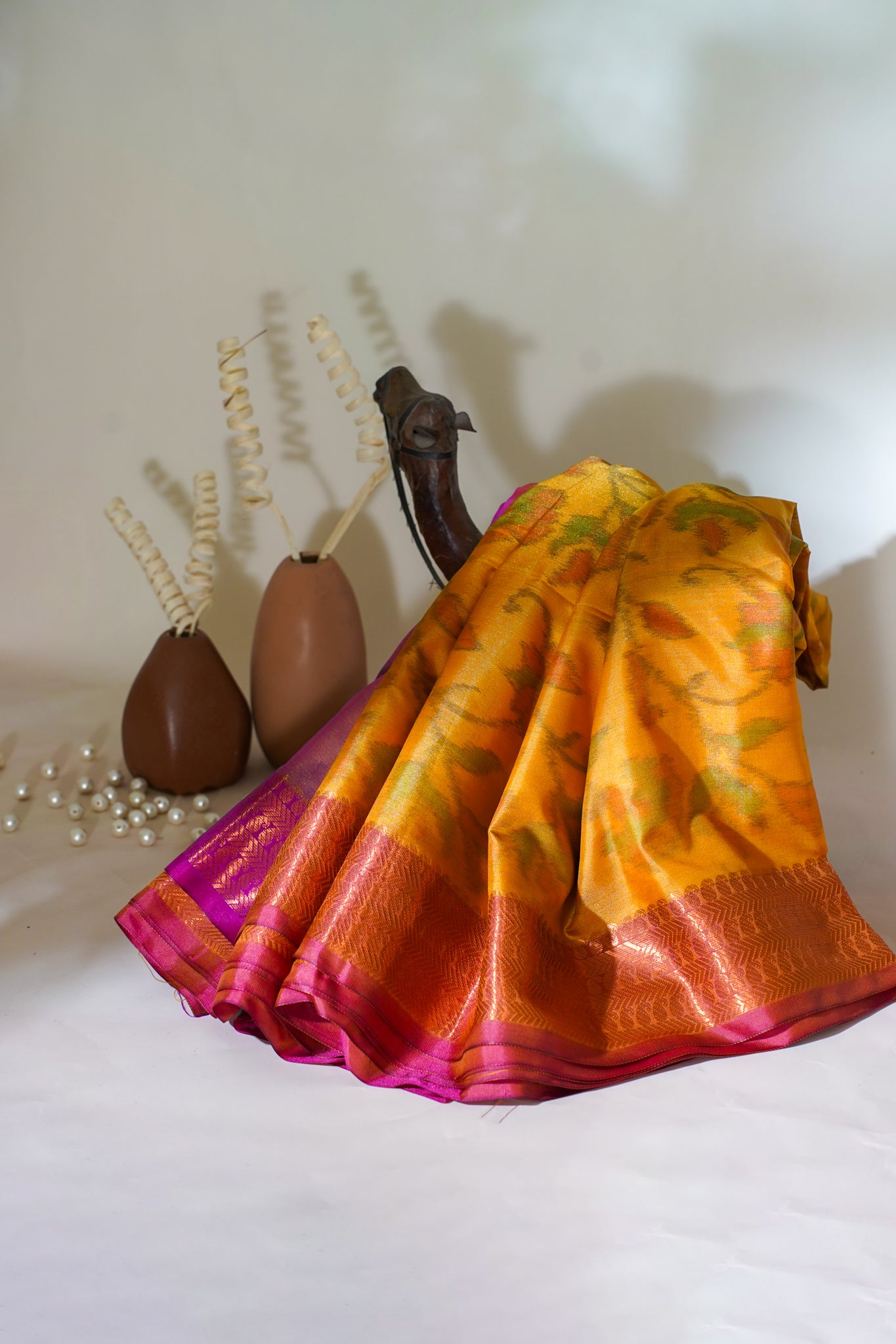 Yellow Soft Silk Saree with Pink Border