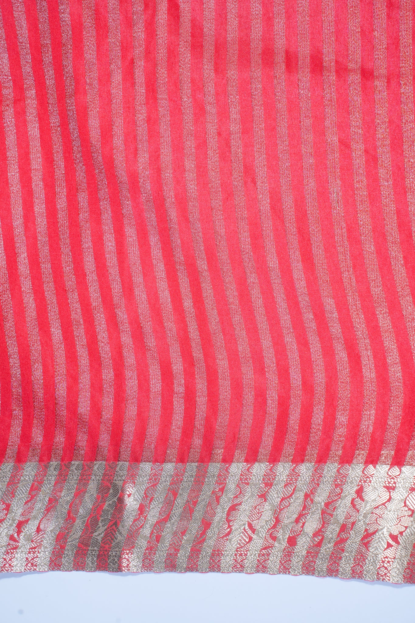 Red Pure Chiniya Silk Saree with Gold Stripes