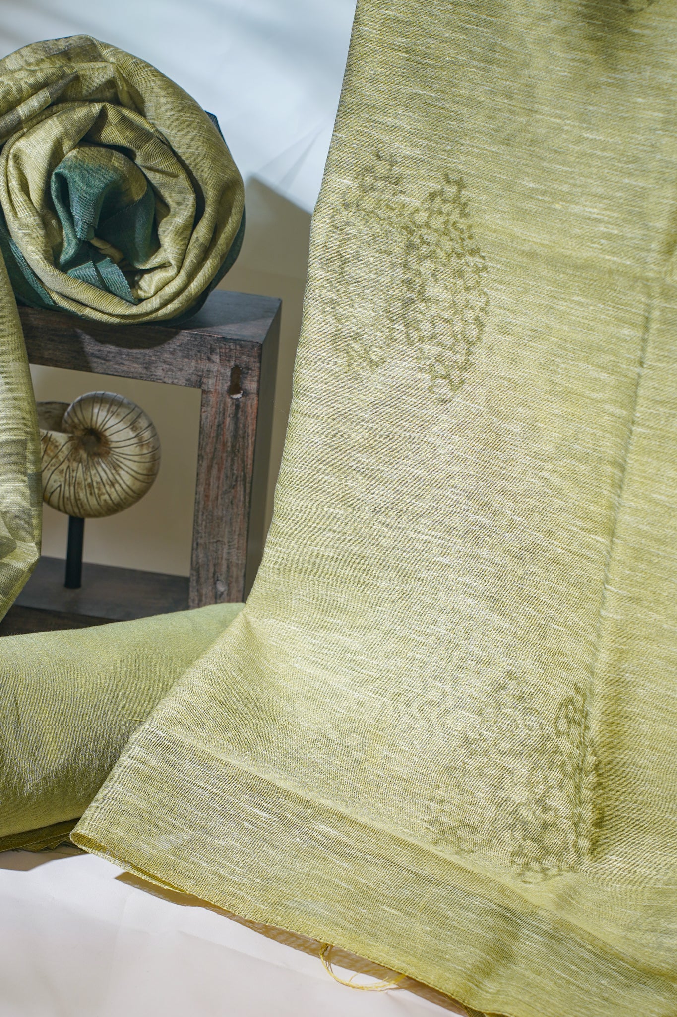 Olive Green Linen Cotton Suit Set with Plock Print