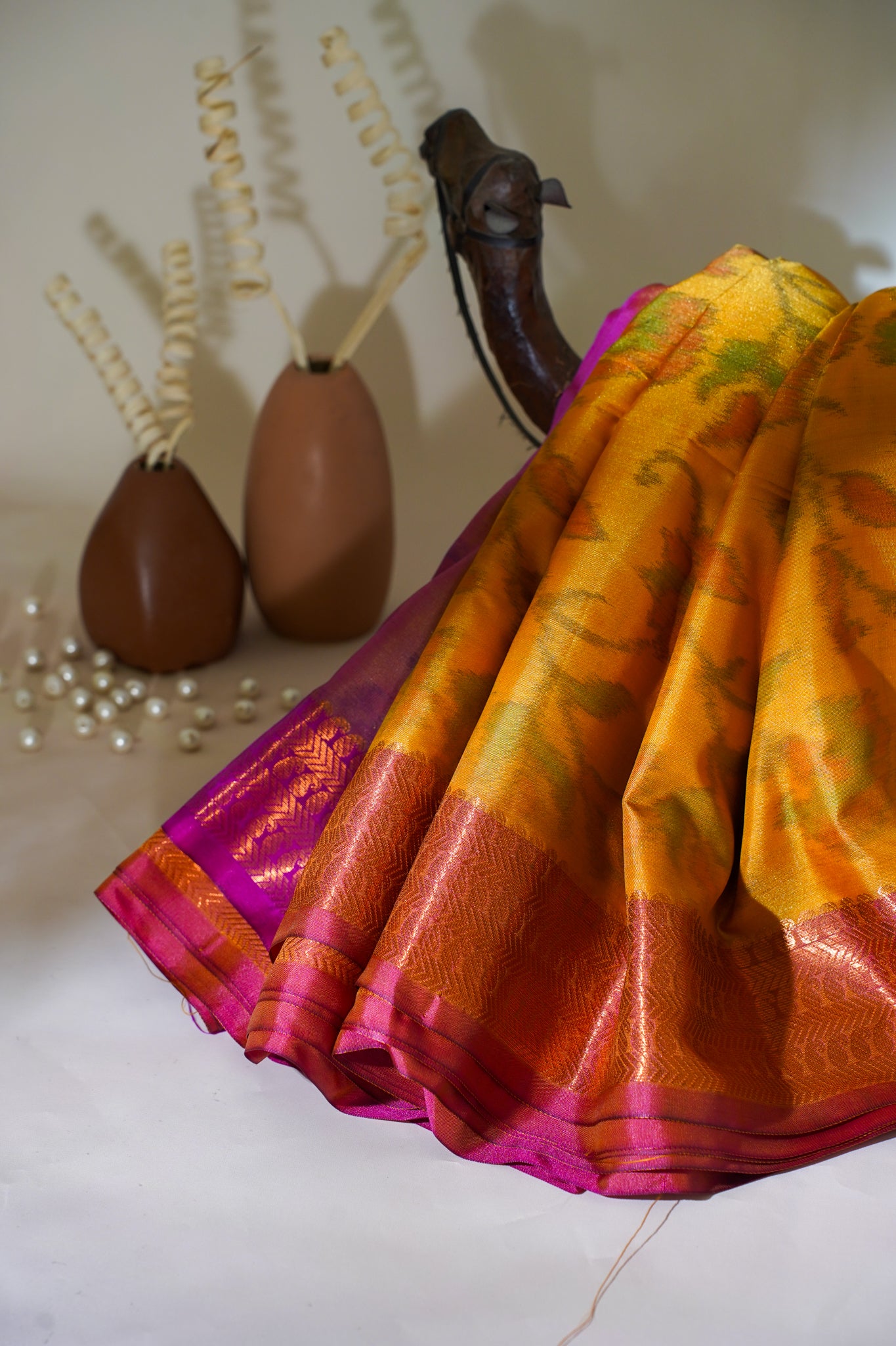 Yellow Soft Silk Saree with Pink Border