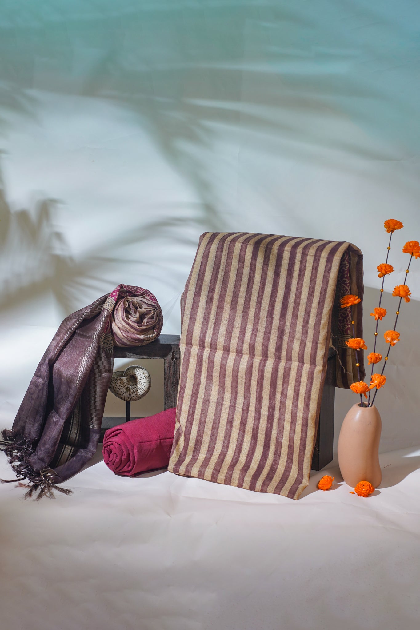 Brown Mul Cotton–Mul Chanderi Suit Set with Beige Striped Pattern