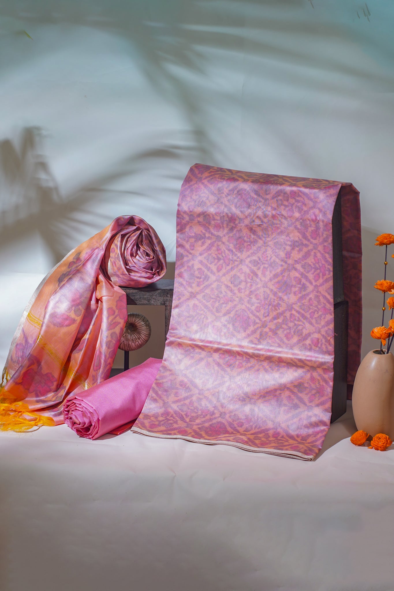 Pink–Orange Ikat Cotton Suit Set with Ikat Print