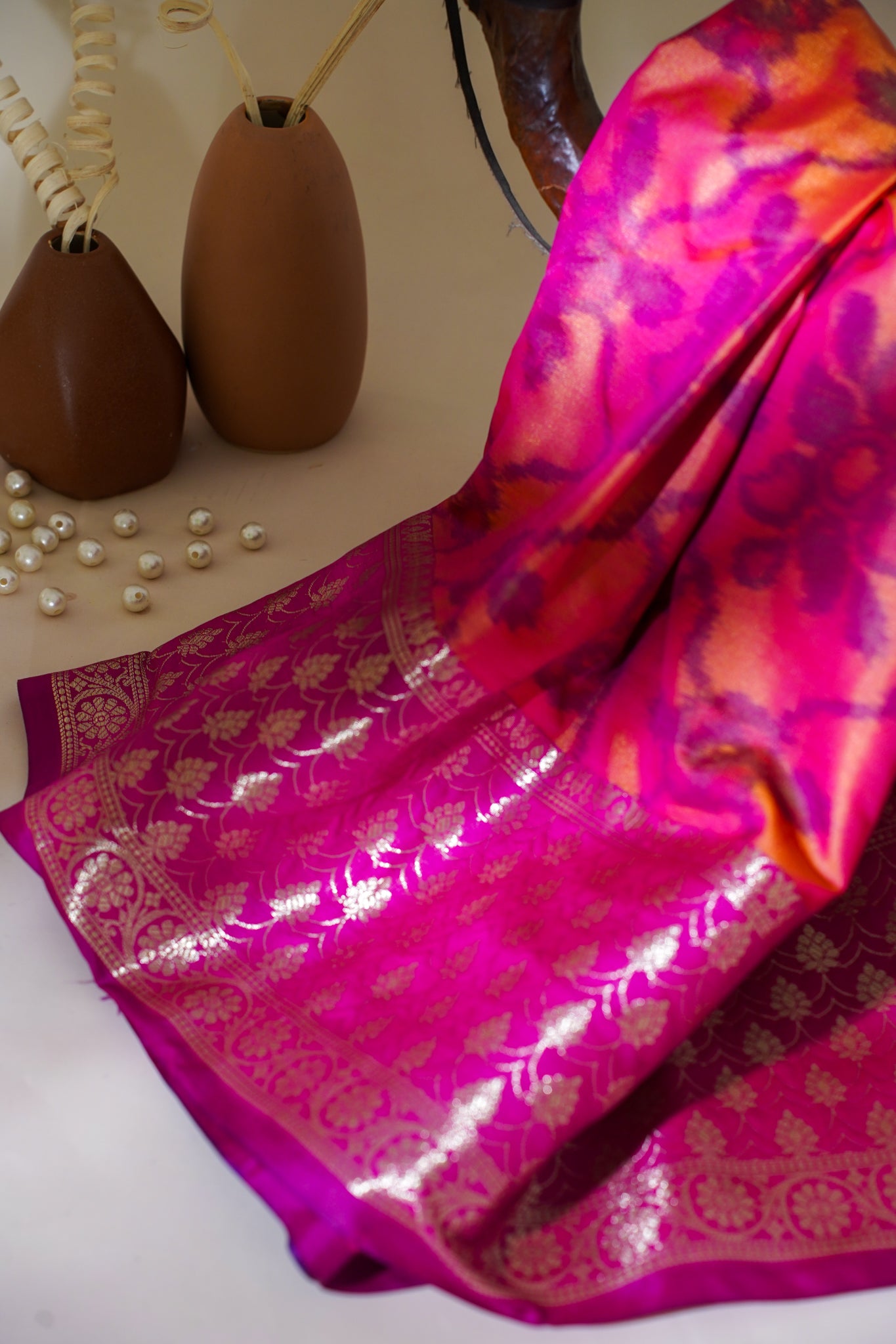 Pink & Purple Soft Silk Saree with Skirt Zari Border & Fancy Print