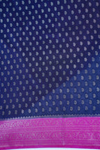 Navy Blue Pure Chiniya Silk Saree with Pink Antique Zari Border