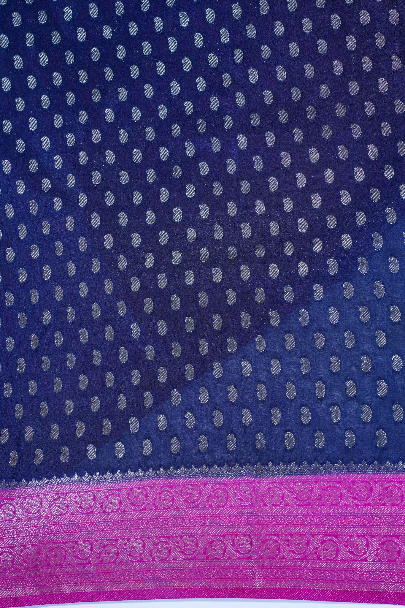 Navy Blue Pure Chiniya Silk Saree with Pink Antique Zari Border