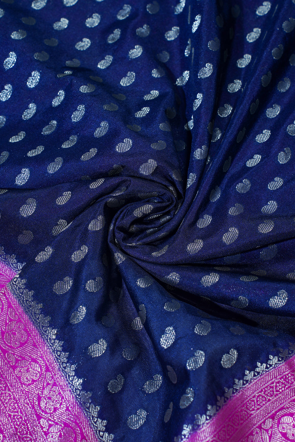 Navy Blue Pure Chiniya Silk Saree with Pink Antique Zari Border
