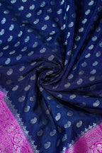 Navy Blue Pure Chiniya Silk Saree with Pink Antique Zari Border