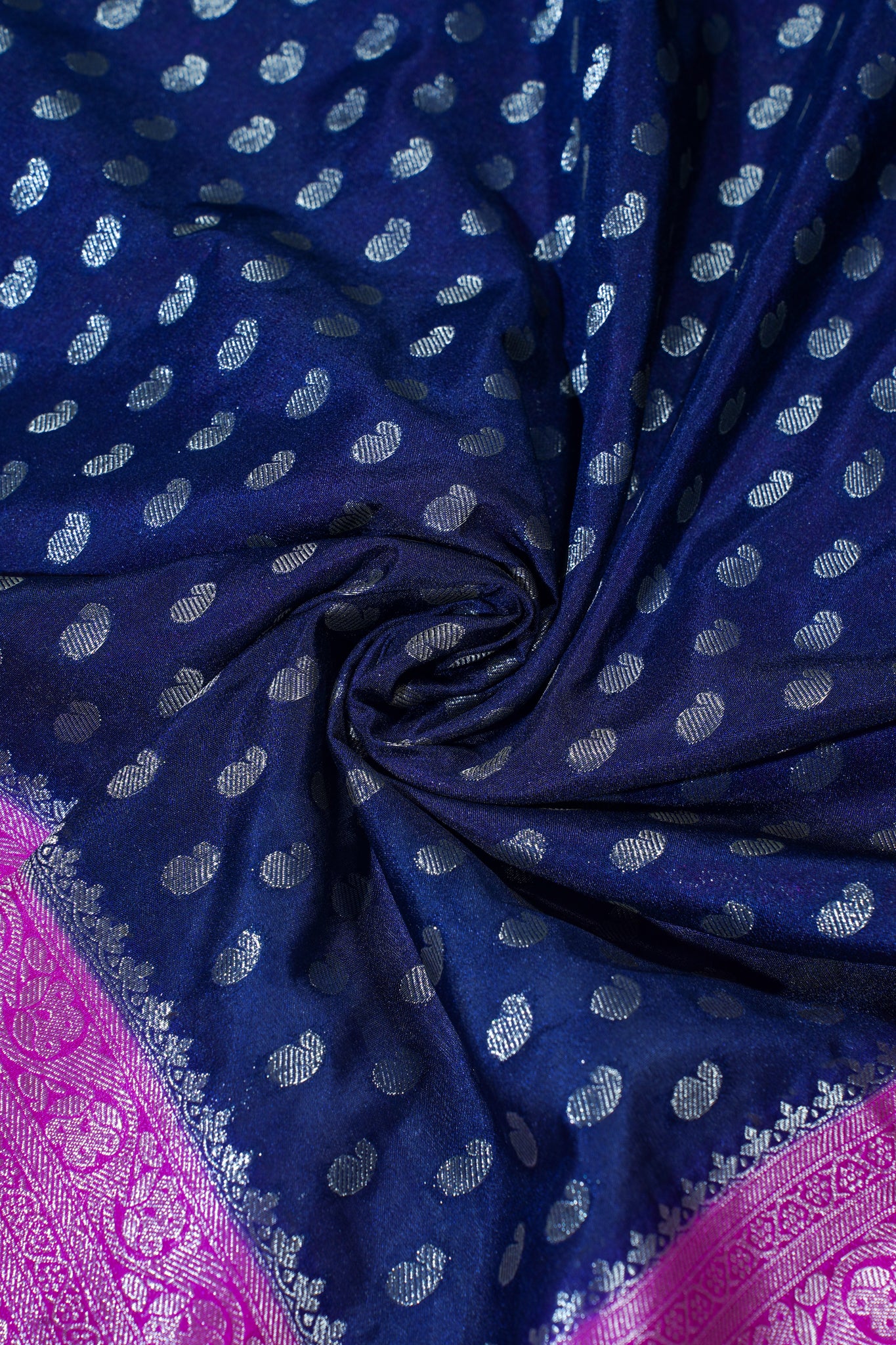 Navy Blue Pure Chiniya Silk Saree with Pink Antique Zari Border