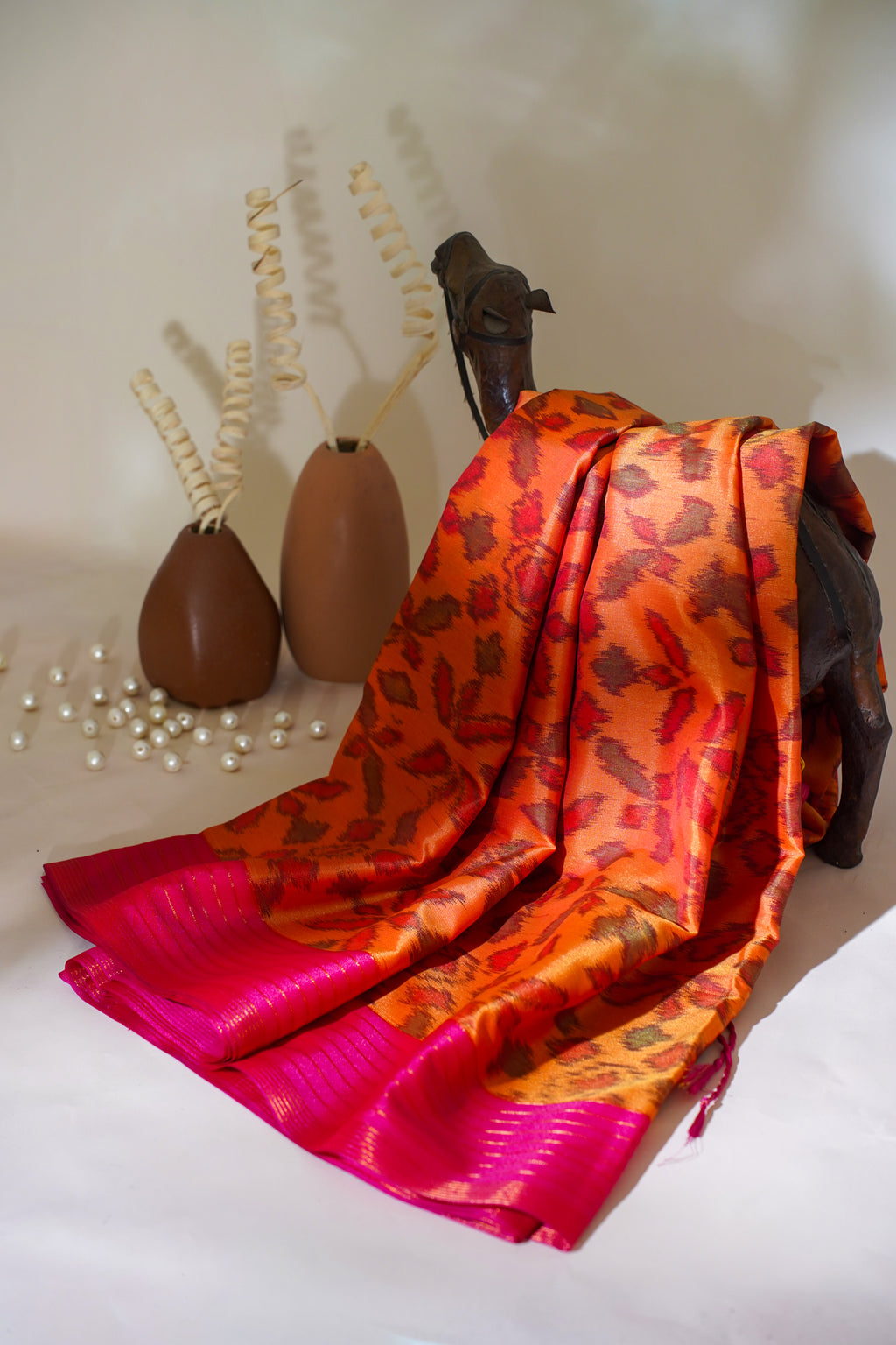 Orange Soft Silk Saree with Pink Border
