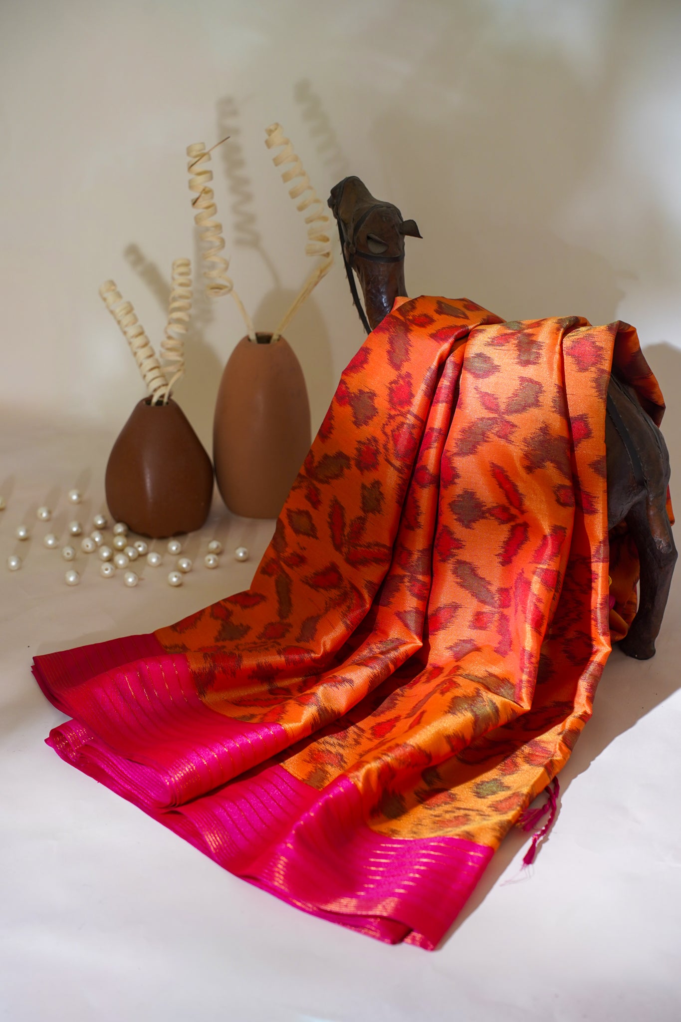 Orange Soft Silk Saree with Pink Border