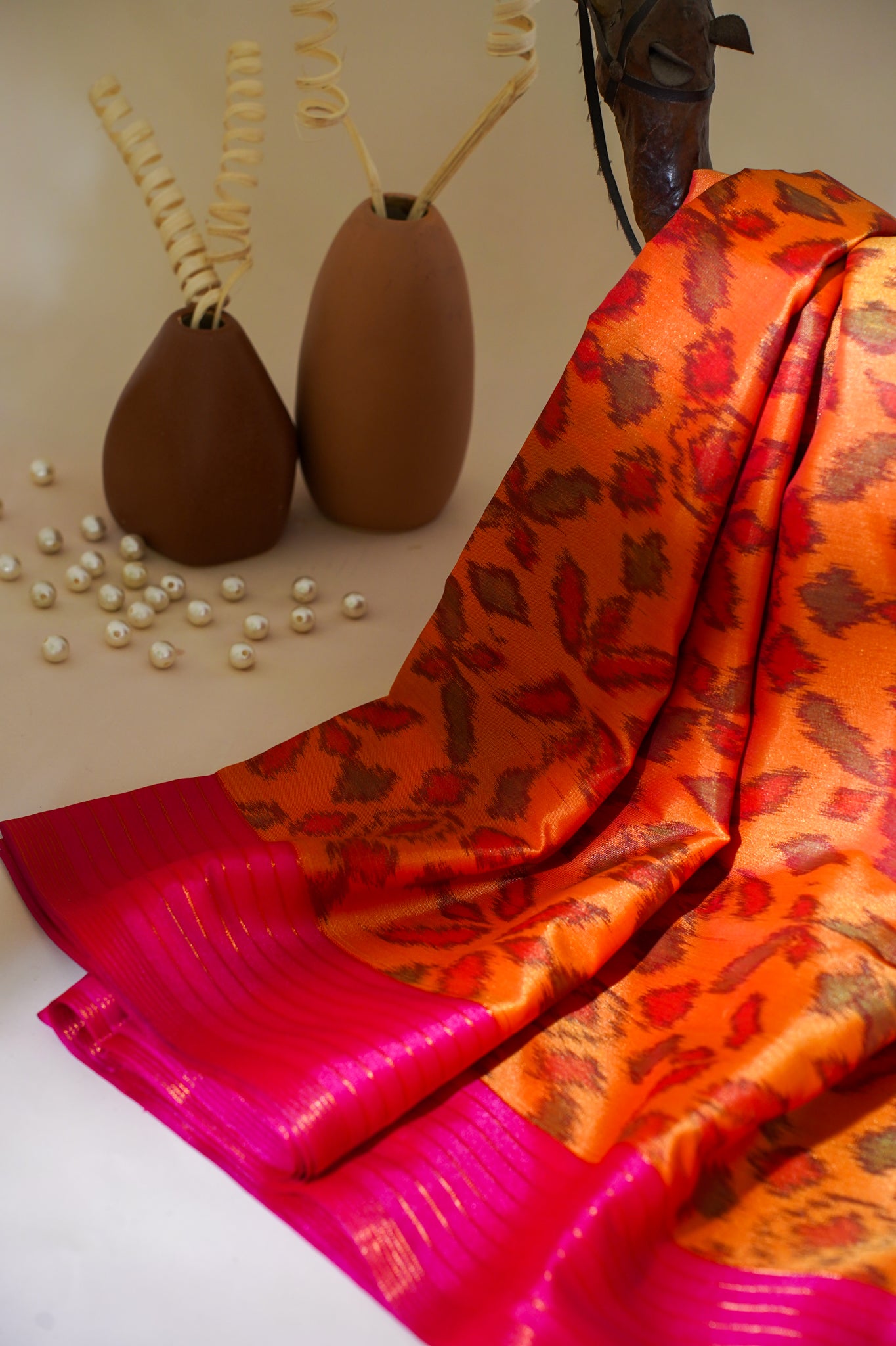 Orange Soft Silk Saree with Pink Border