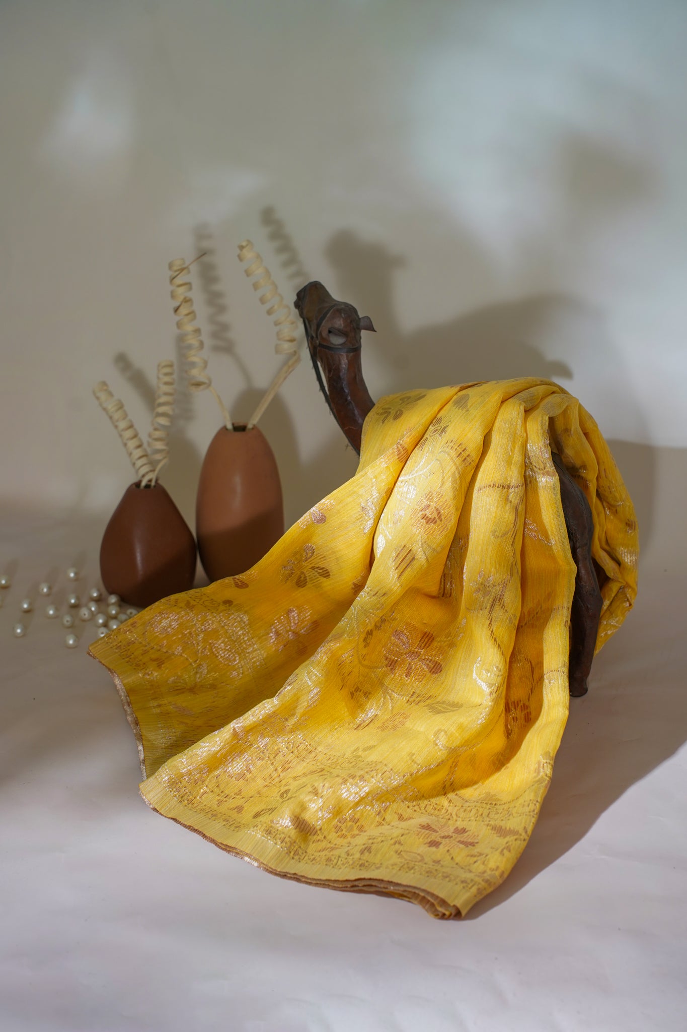 Yellow Cotton Linen Weaving Saree