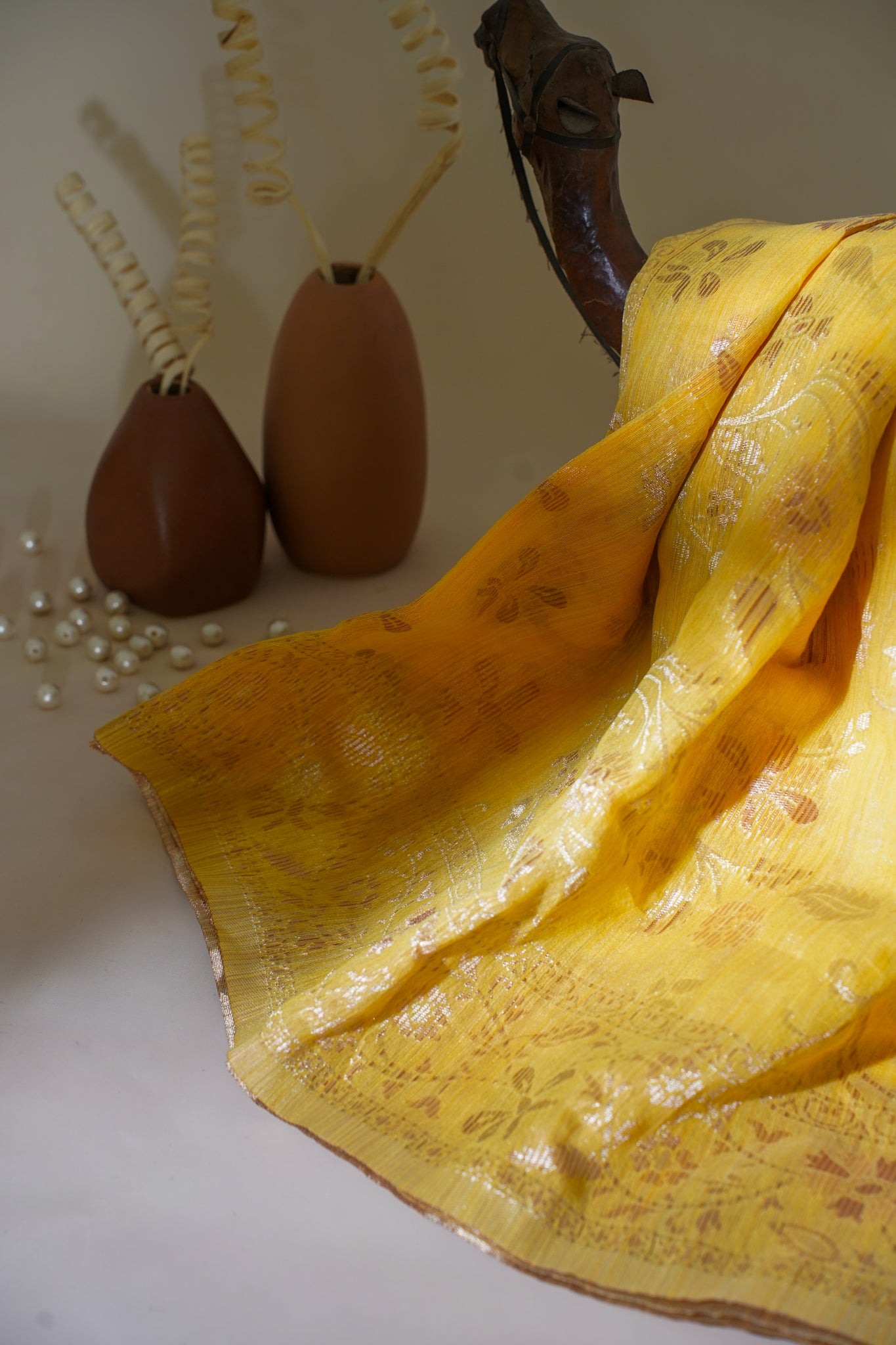Yellow Cotton Linen Weaving Saree