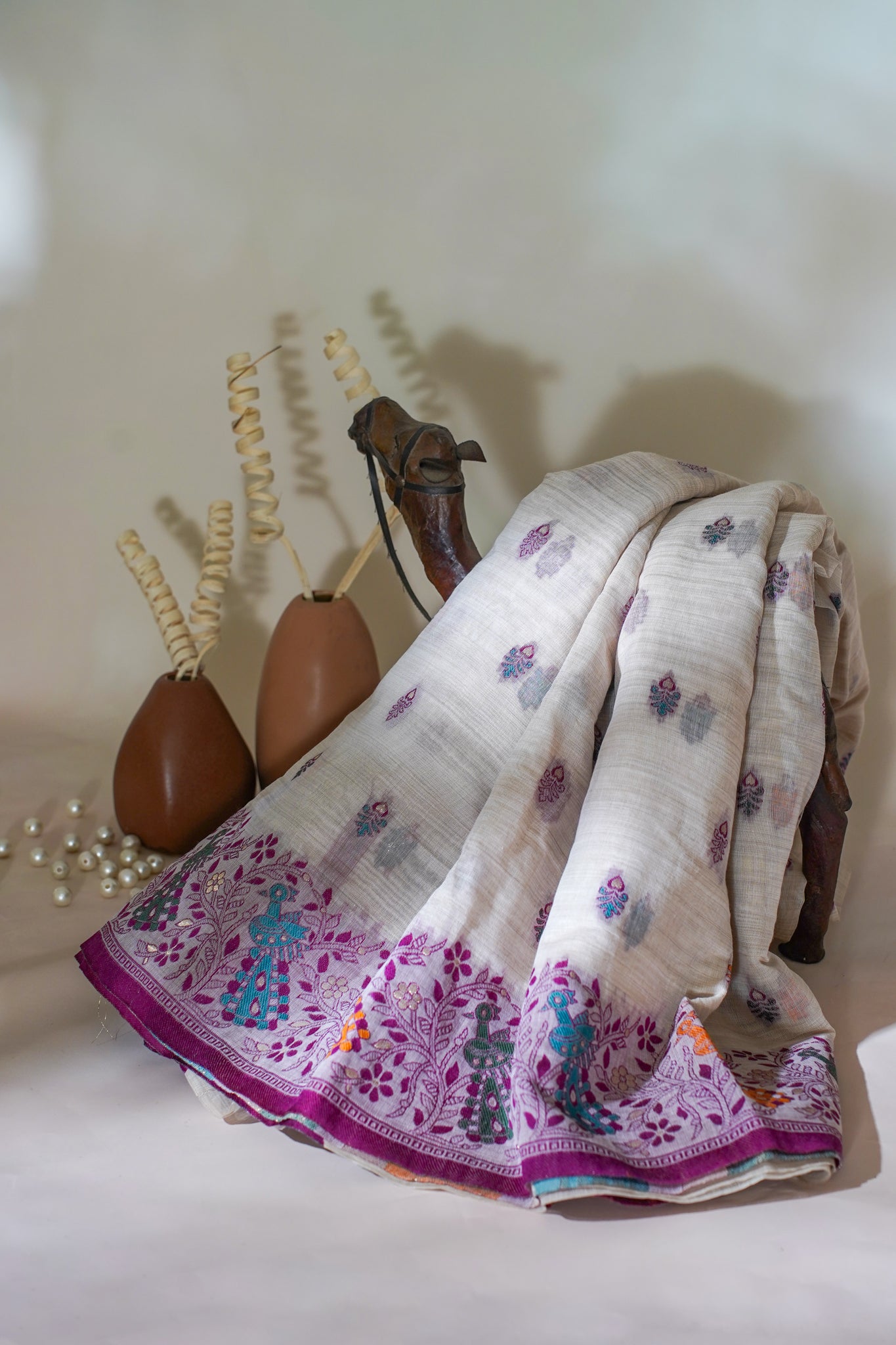 White Cotton Linen Weaving Saree with Colorful Patterns