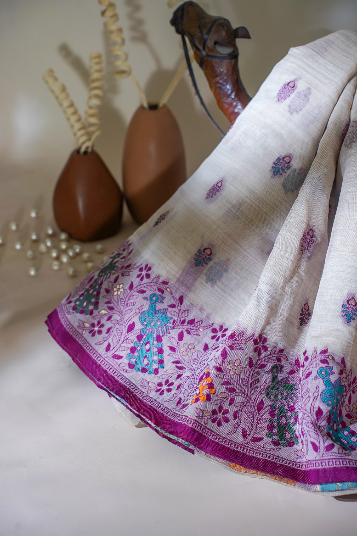 White Cotton Linen Weaving Saree with Colorful Patterns