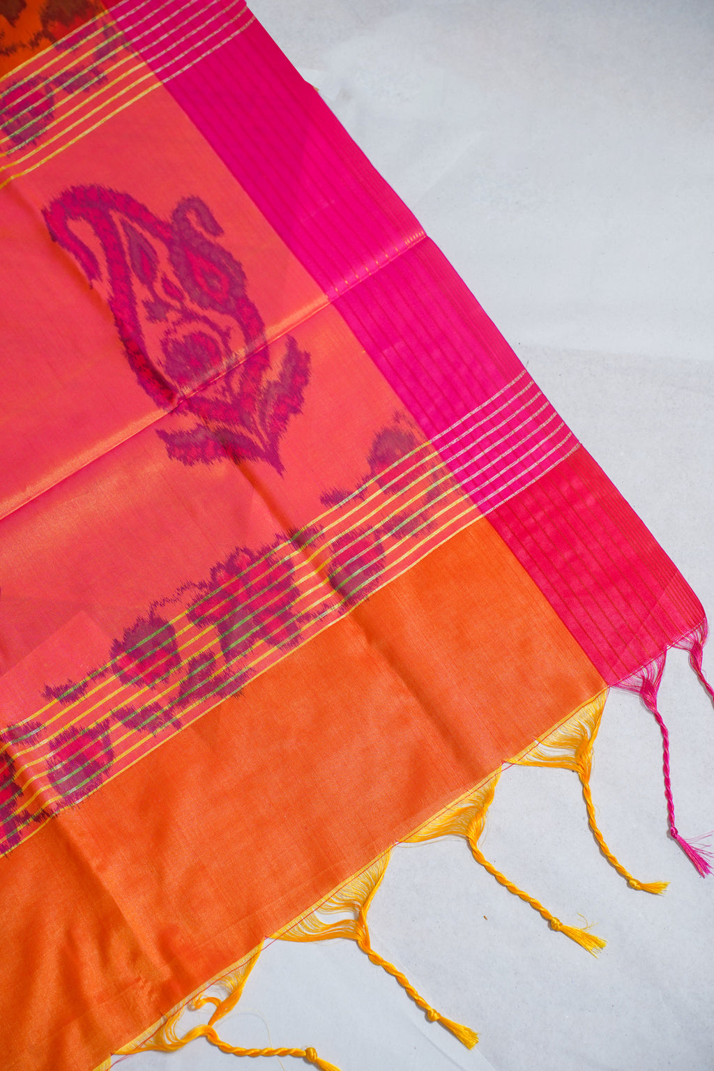 Orange Soft Silk Saree with Pink Border