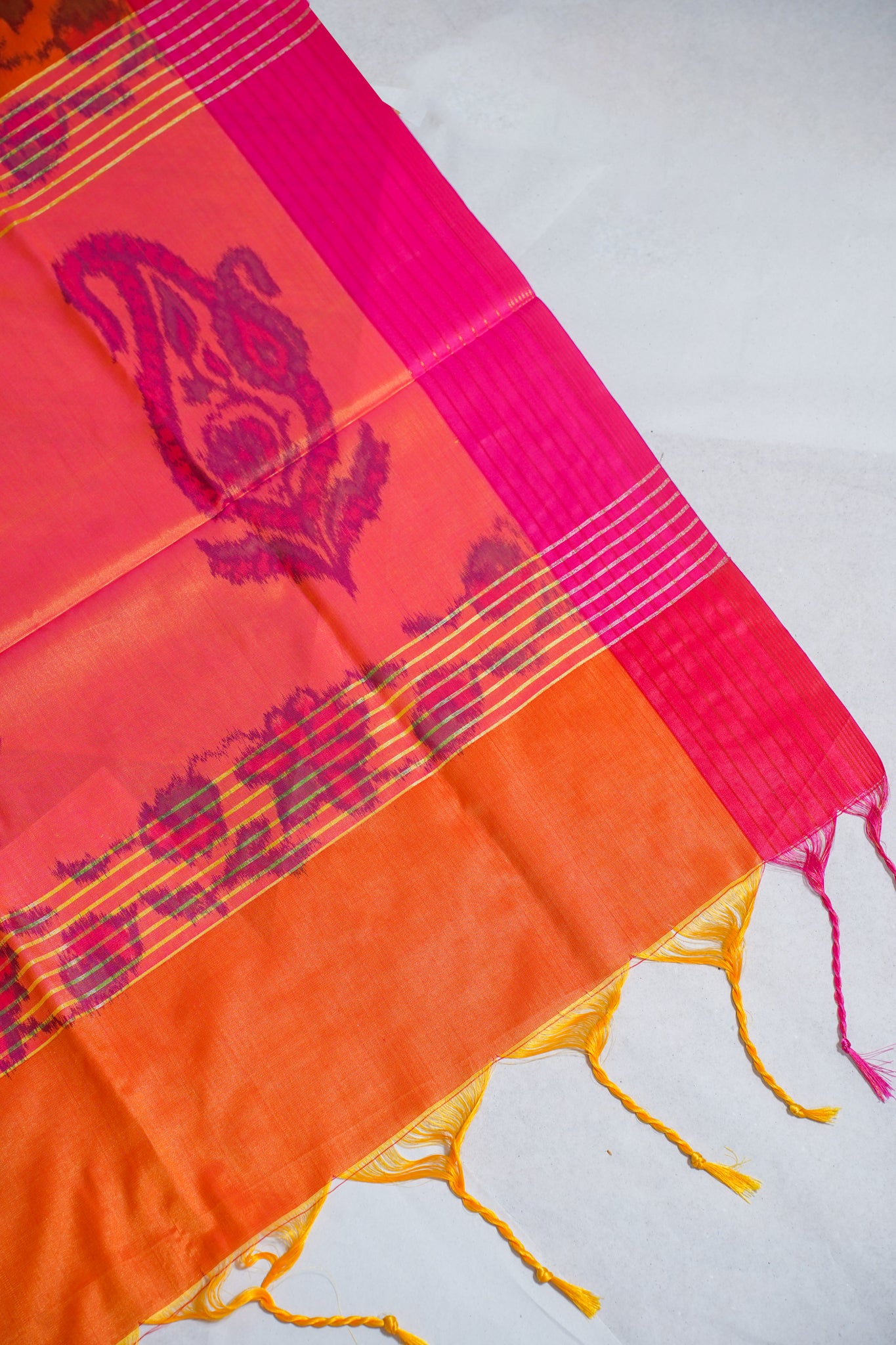 Orange Soft Silk Saree with Pink Border