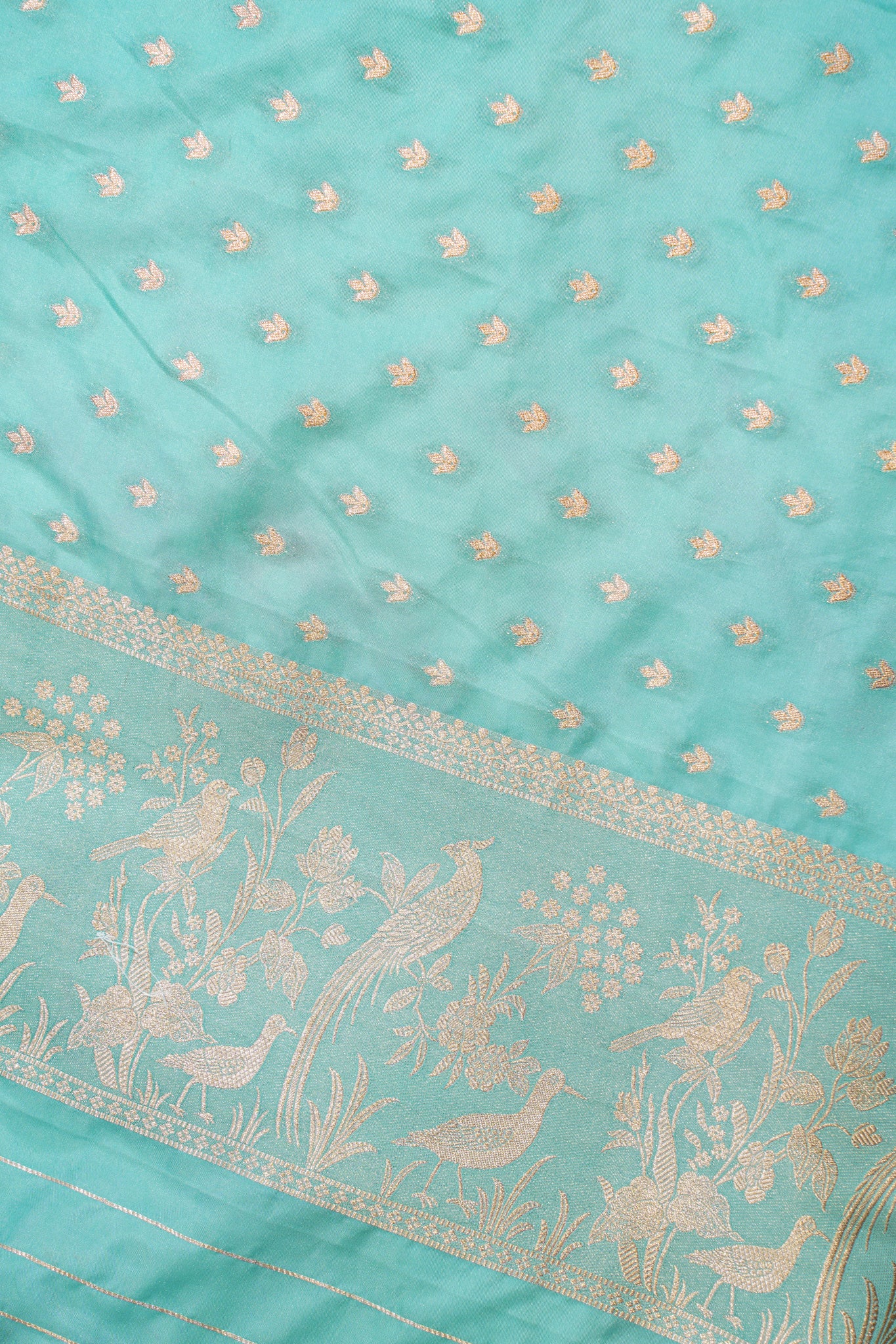 Green Katan Silk Saree with Sky Blue Contrast Border