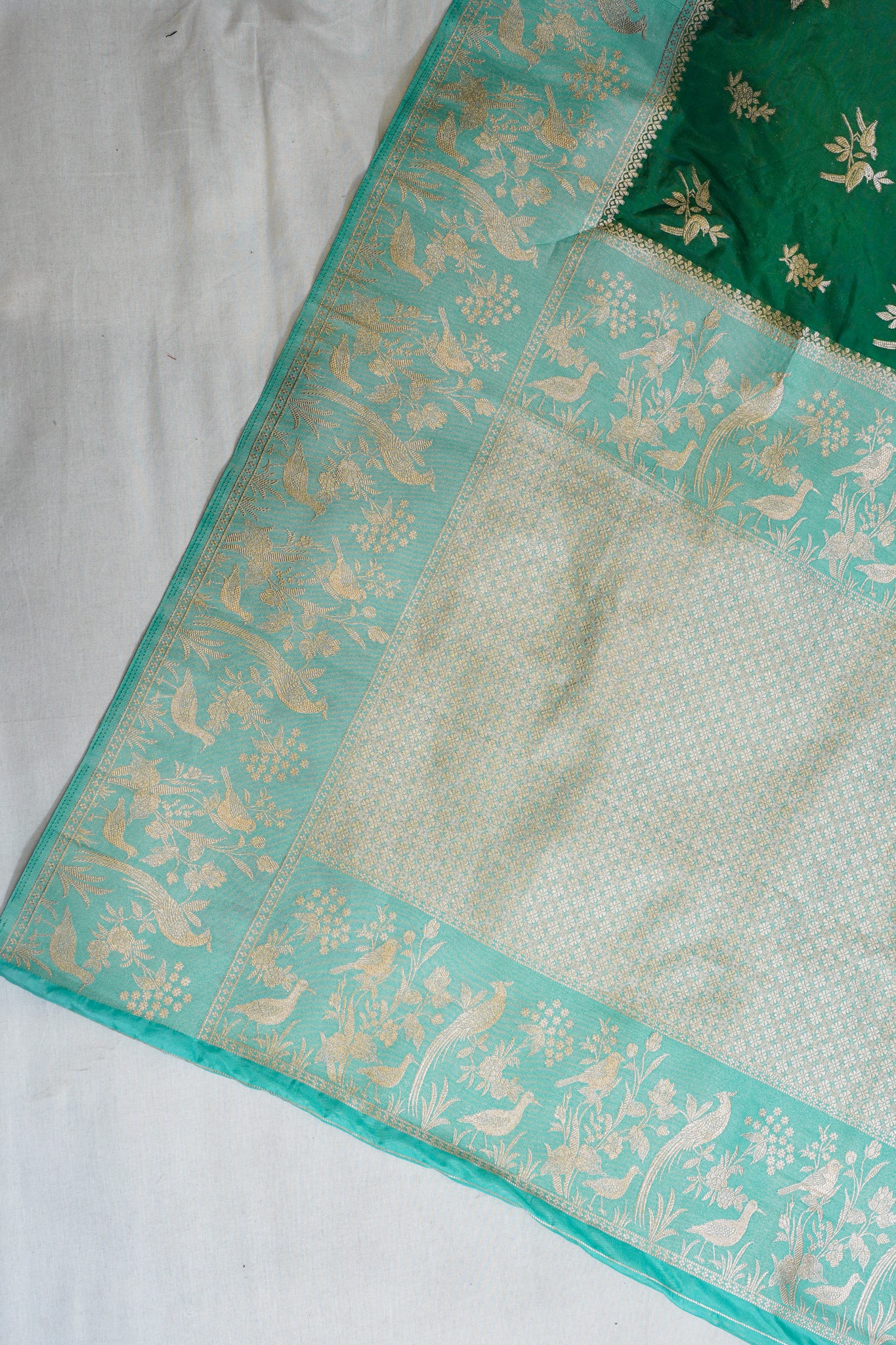 Green Katan Silk Saree with Sky Blue Contrast Border