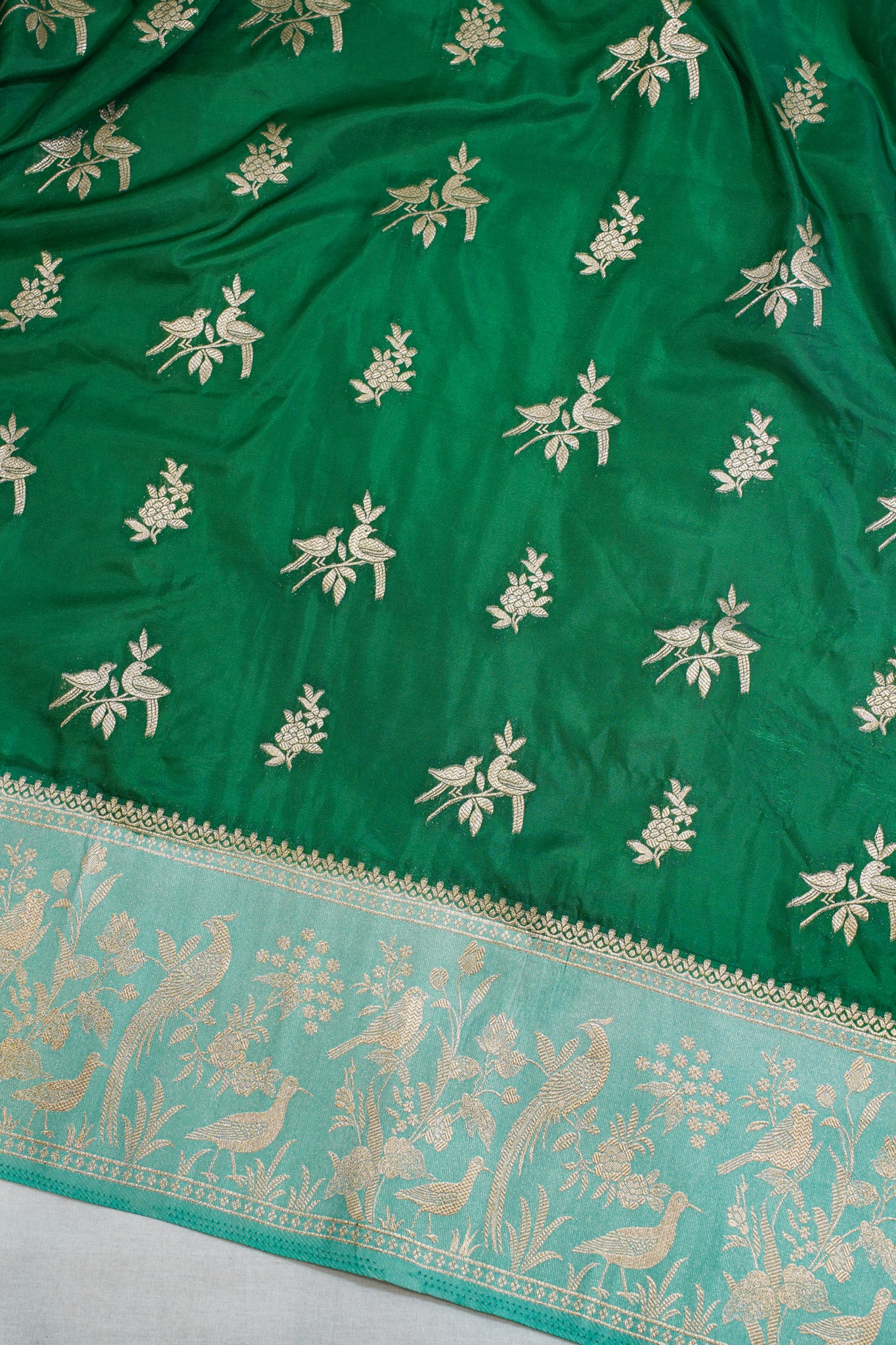Green Katan Silk Saree with Sky Blue Contrast Border