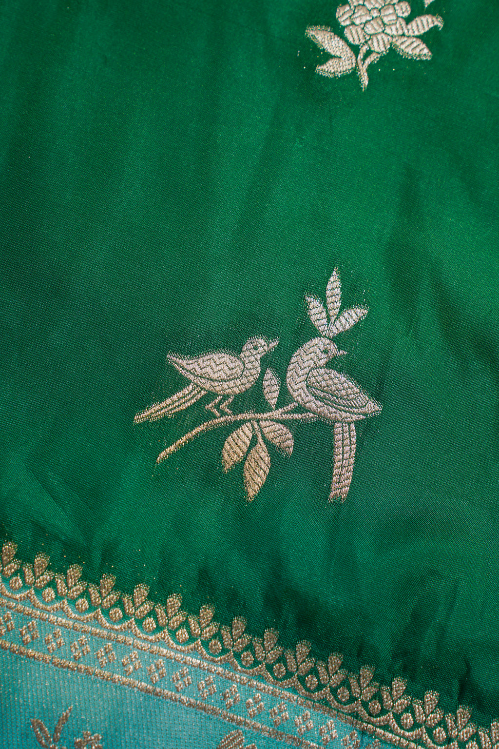 Green Katan Silk Saree with Sky Blue Contrast Border