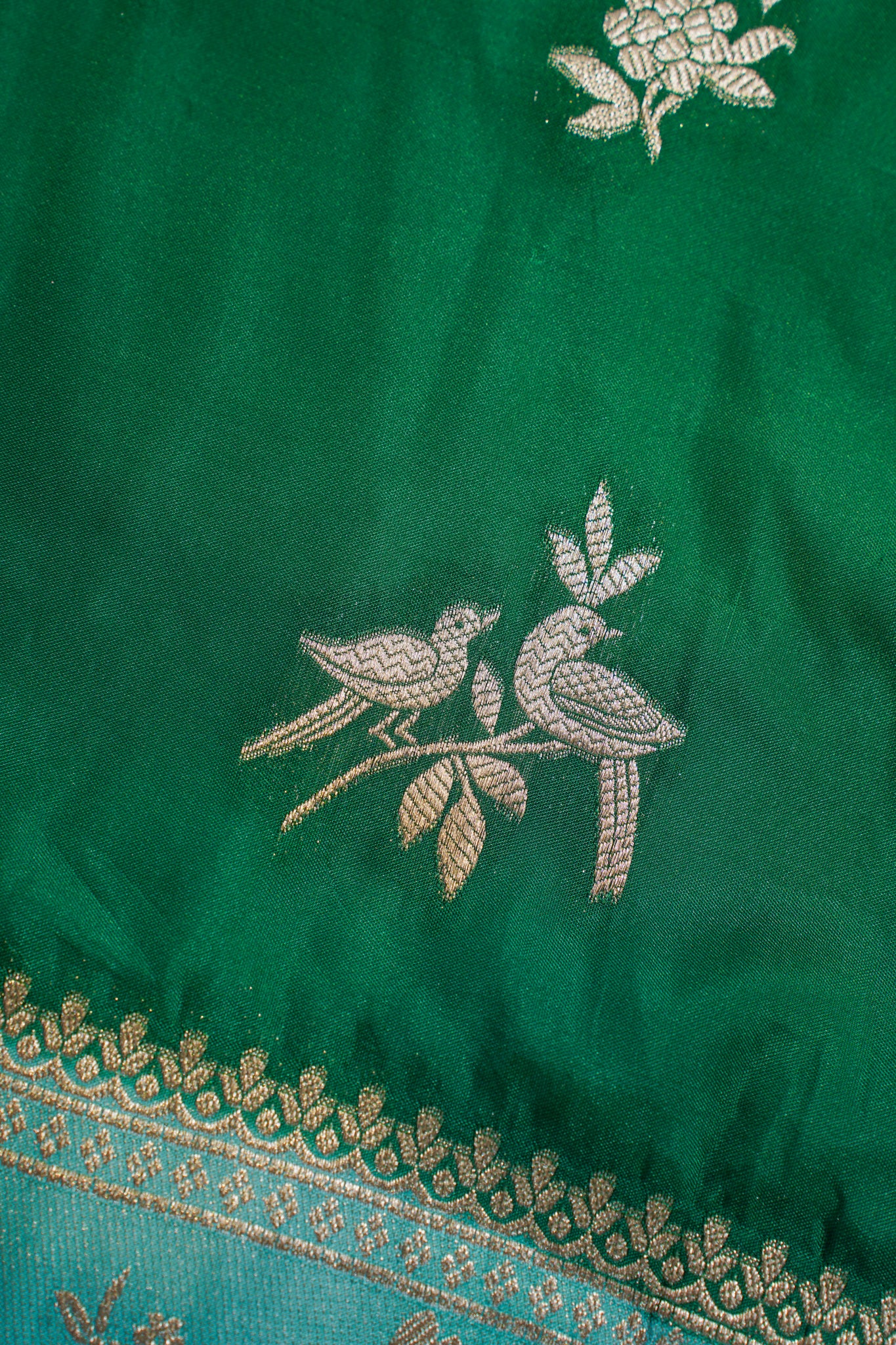 Green Katan Silk Saree with Sky Blue Contrast Border