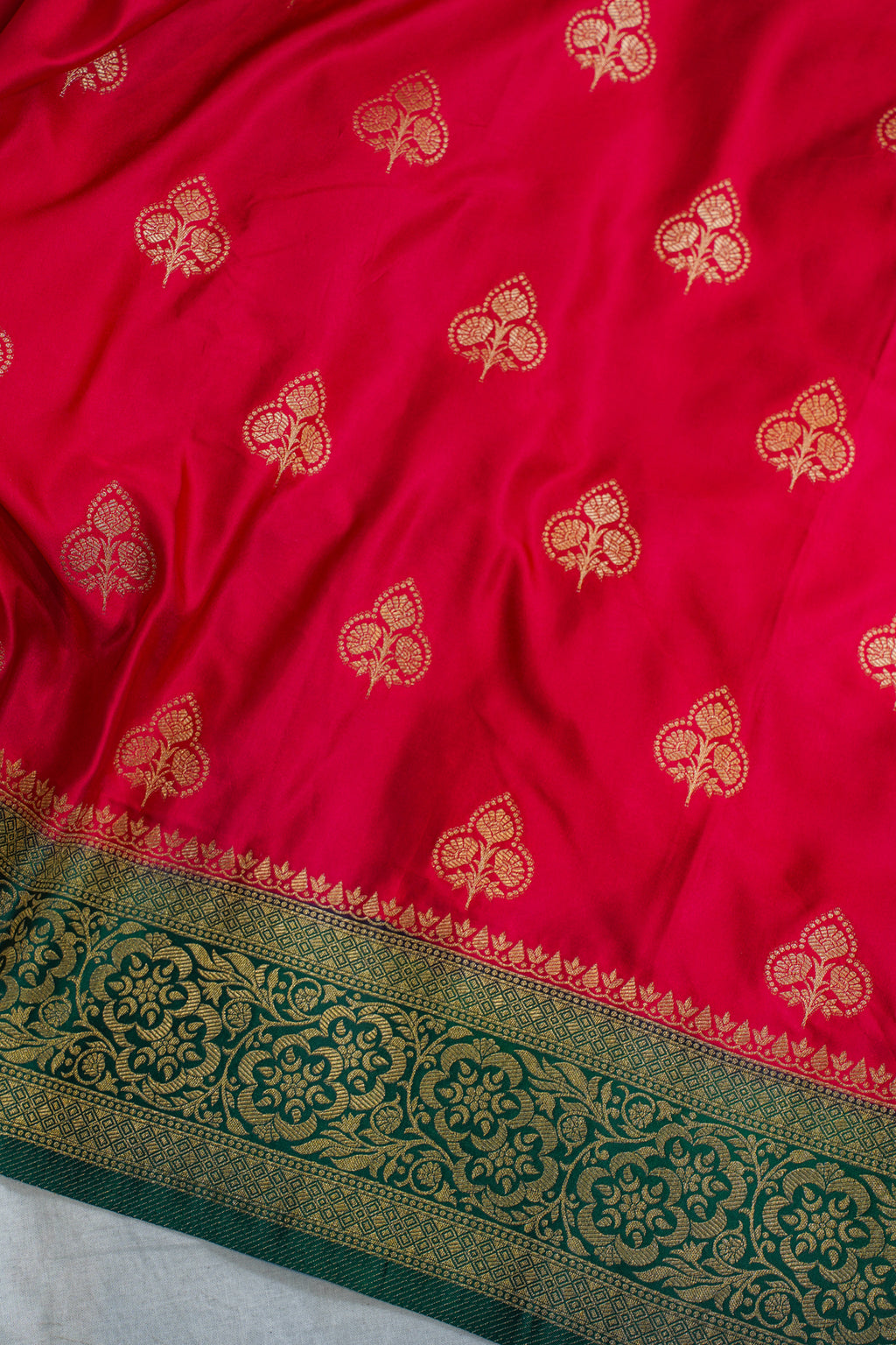 Red Banarasi Woven Silk Saree with Contrast Border