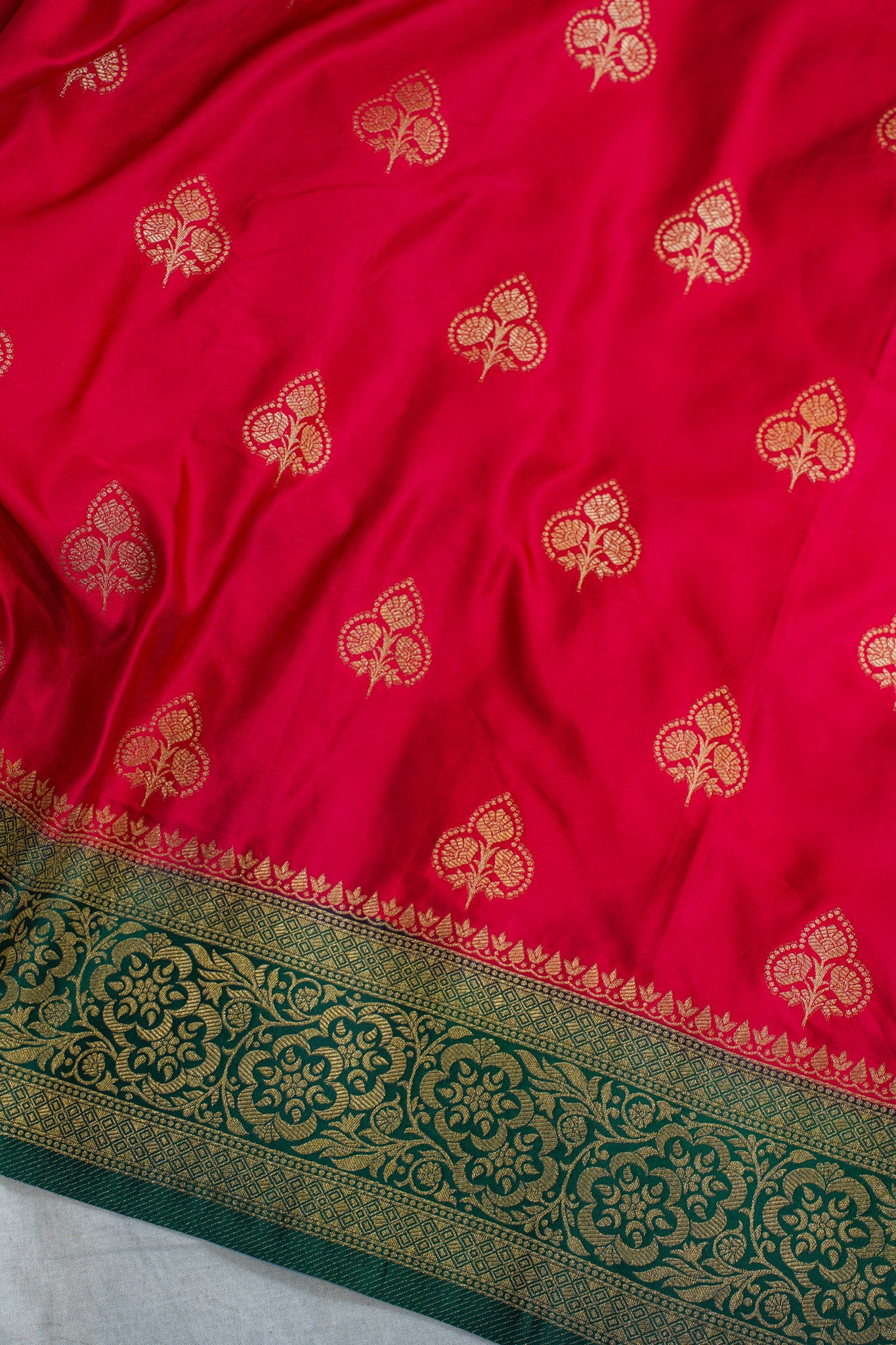 Red Banarasi Woven Silk Saree with Contrast Border