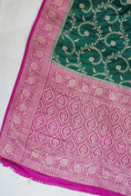 Green Mushroo Silk Saree with Pink Contrast Border