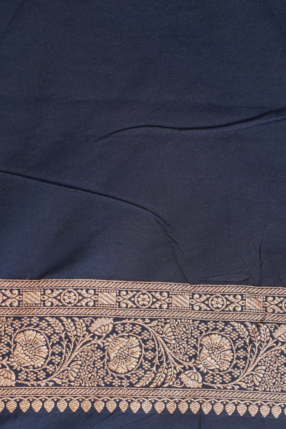 Navy Blue Satin Banarasi Saree with Golden Border