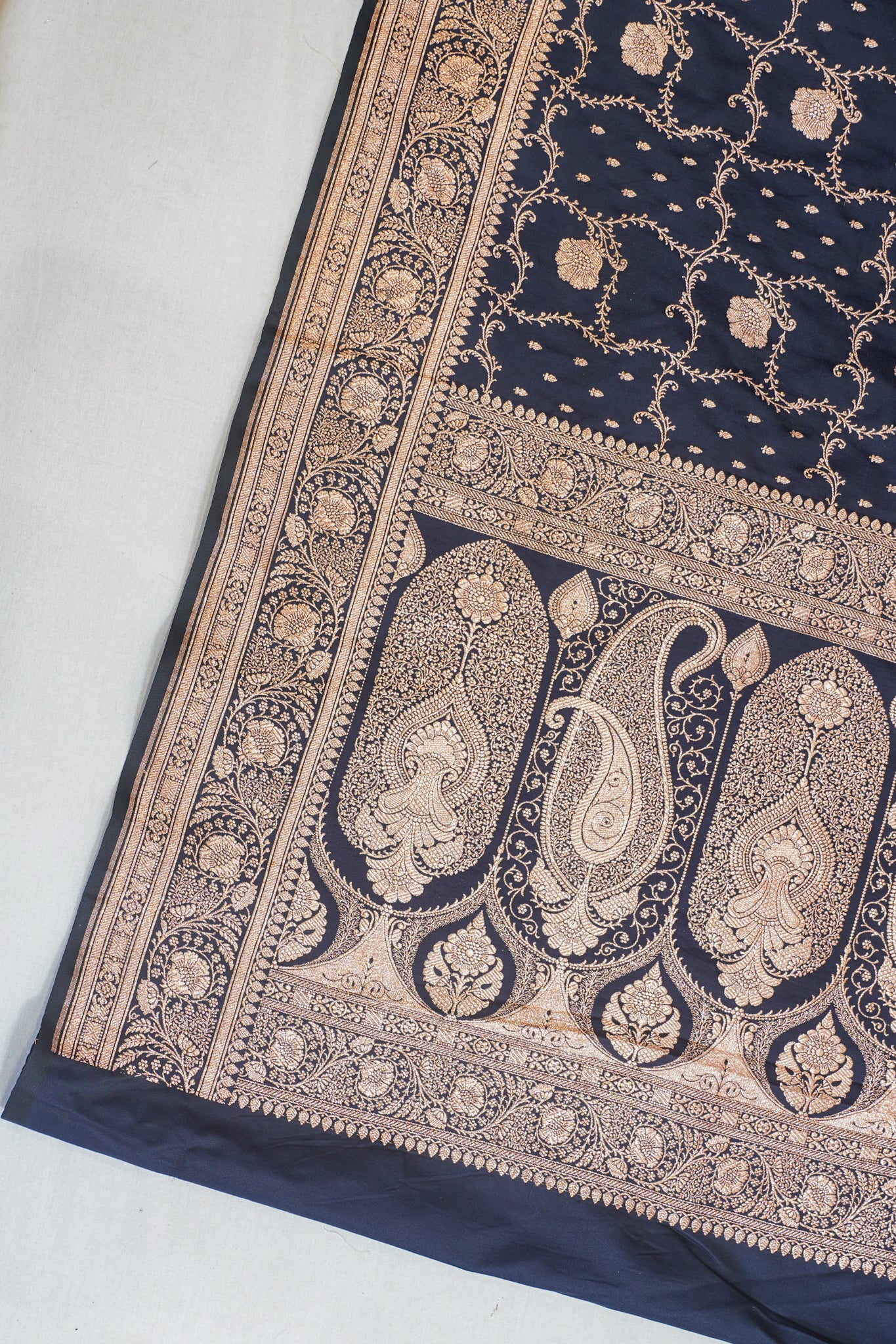 Navy Blue Satin Banarasi Saree with Golden Border