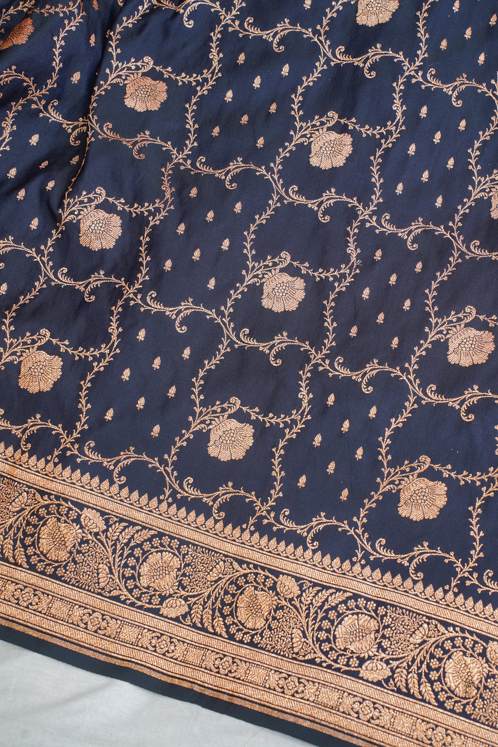 Navy Blue Satin Banarasi Saree with Golden Border