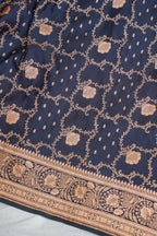 Navy Blue Satin Banarasi Saree with Golden Border