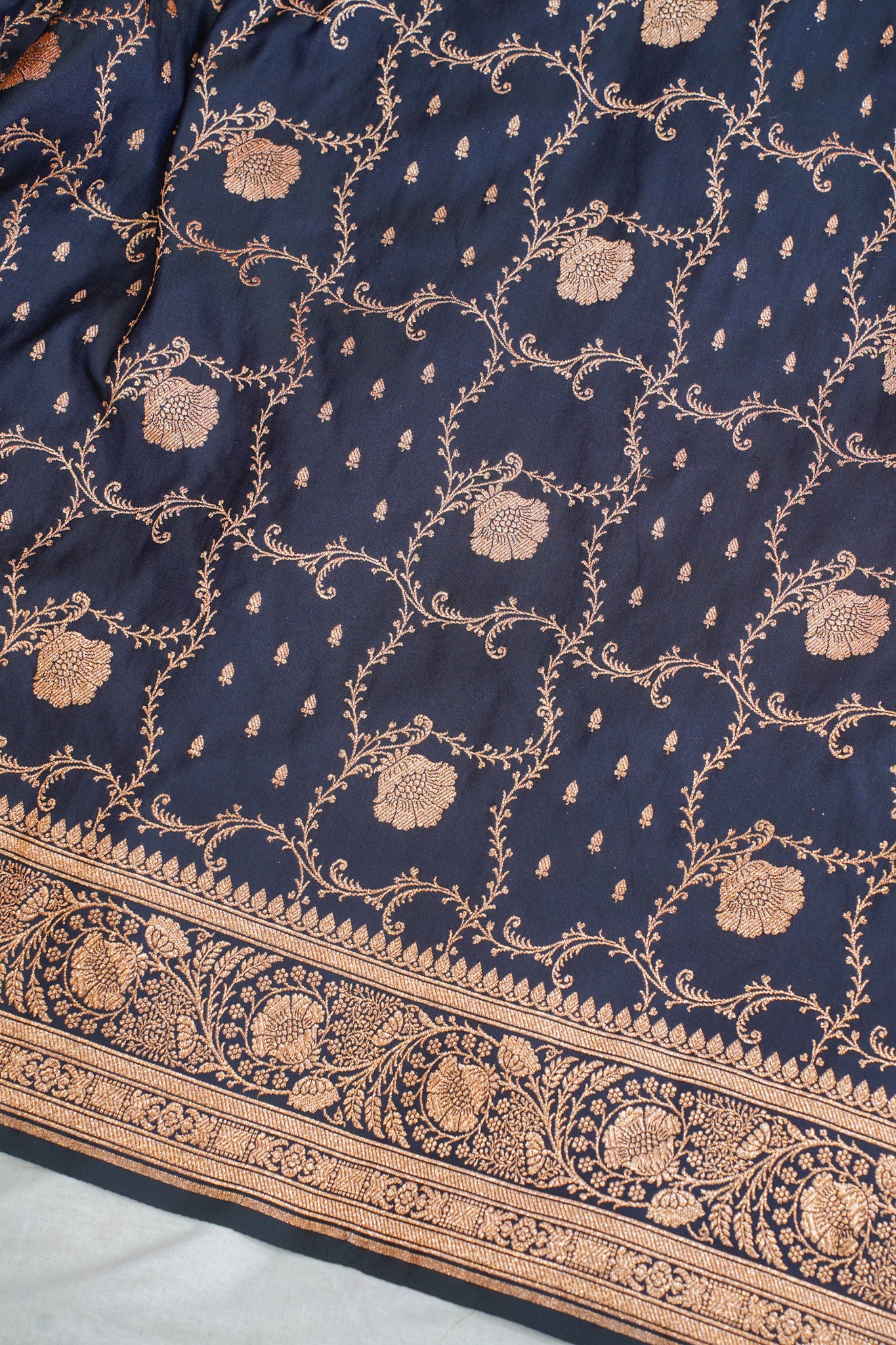 Navy Blue Satin Banarasi Saree with Golden Border