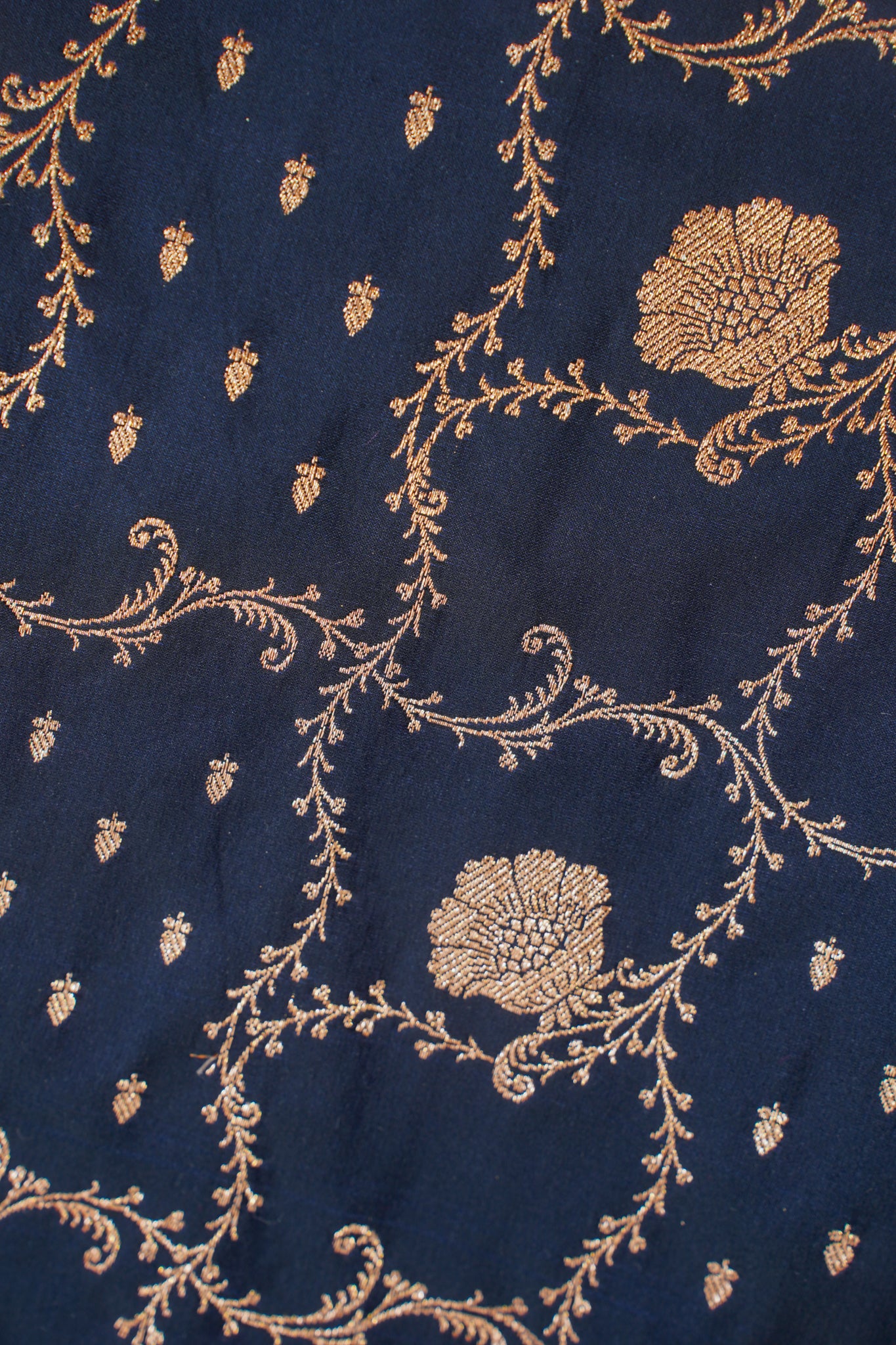 Navy Blue Satin Banarasi Saree with Golden Border