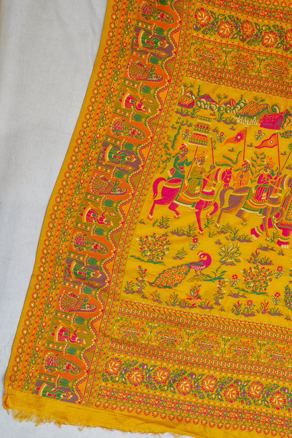 Colorful traditional fabric with intricate patterns on a yellow background