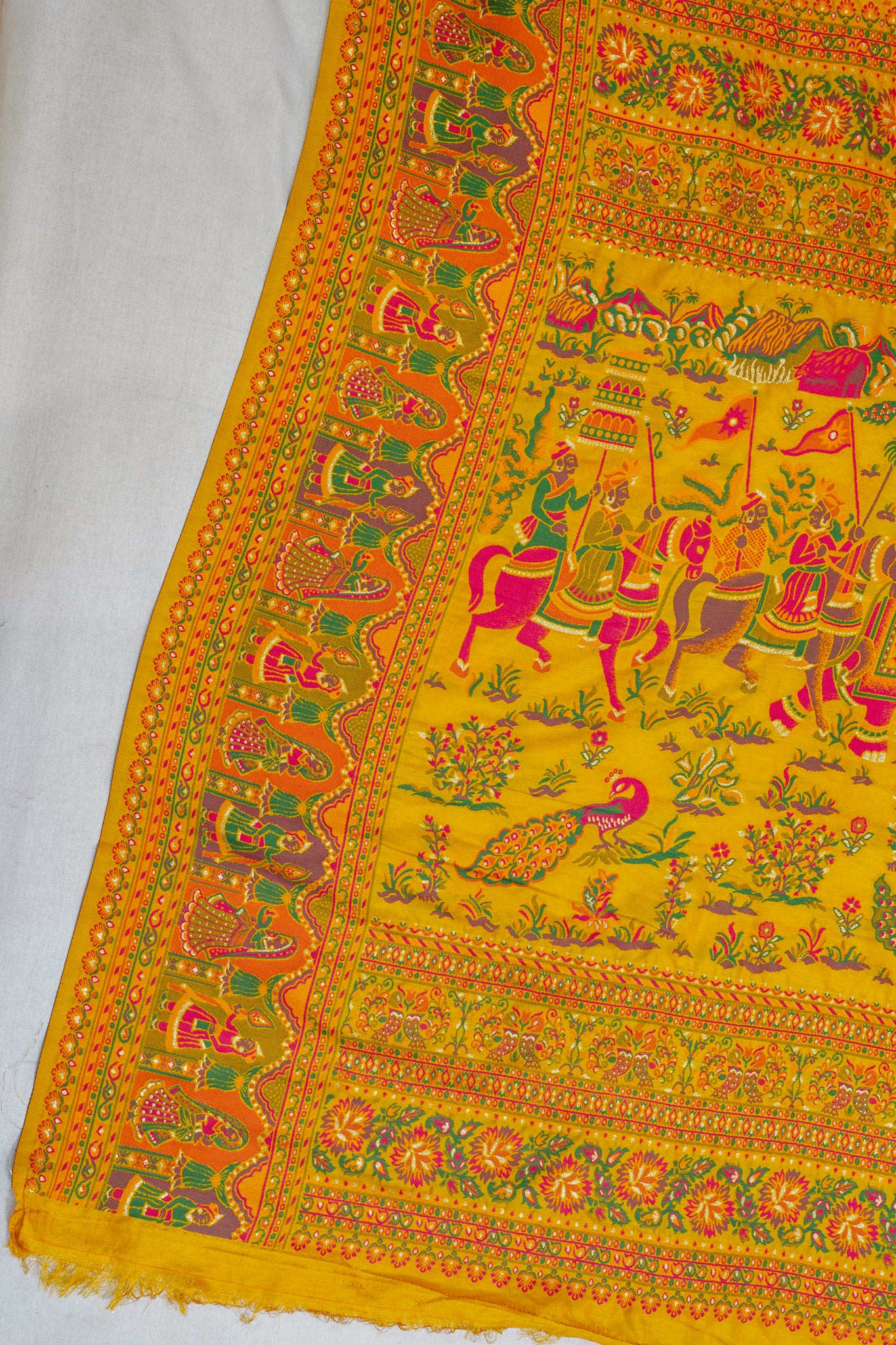 Colorful traditional fabric with intricate patterns on a yellow background