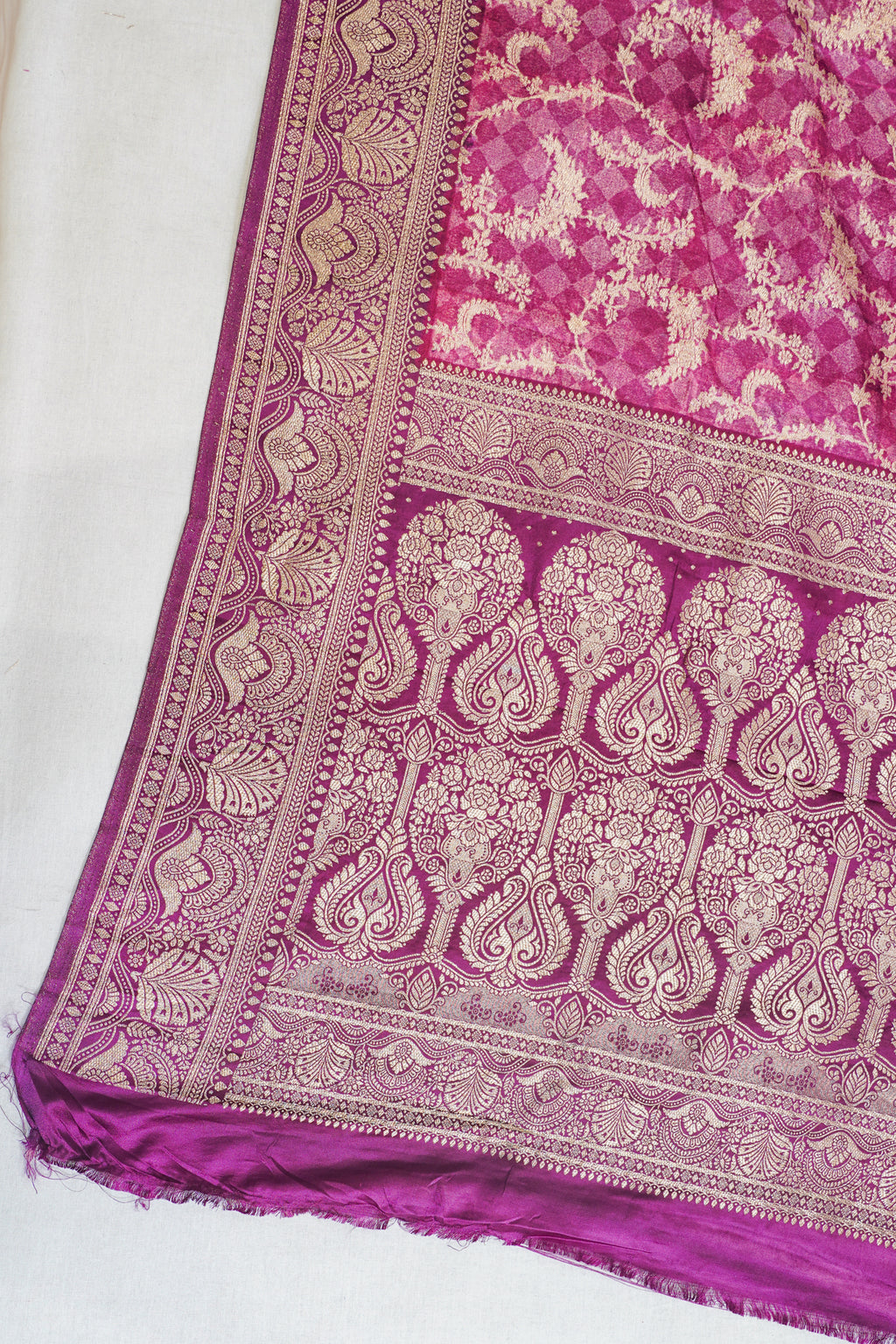 Pink Viscose Satin Kalamkari Print Saree with Self Weave