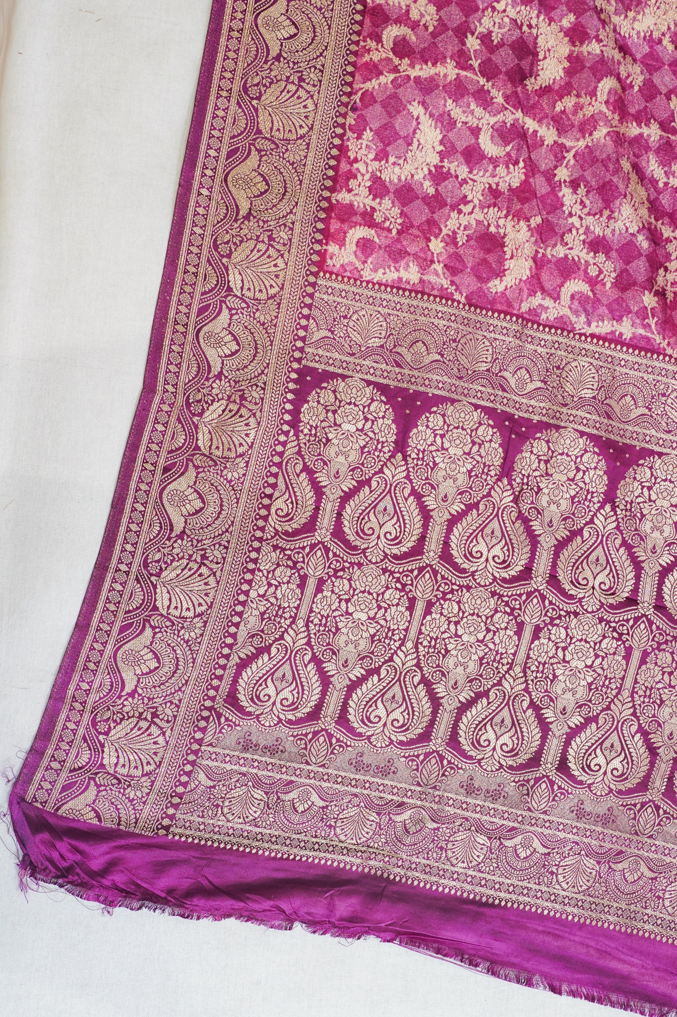 Pink Viscose Satin Kalamkari Print Saree with Self Weave