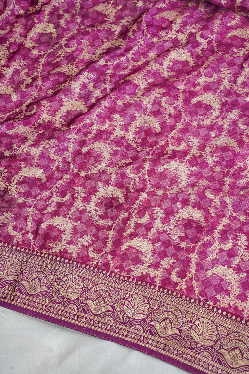 Pink Viscose Satin Kalamkari Print Saree with Self Weave