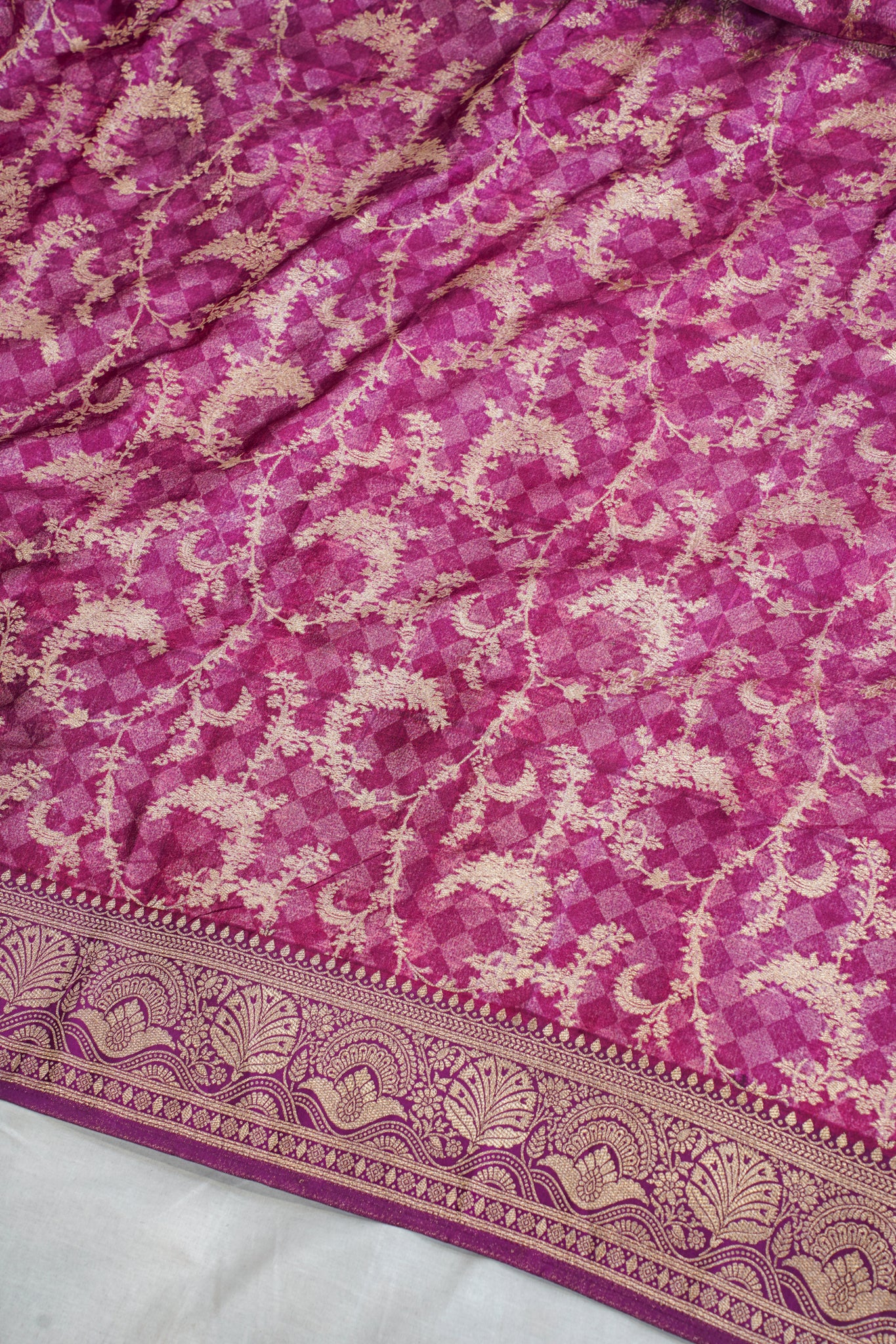 Pink Viscose Satin Kalamkari Print Saree with Self Weave