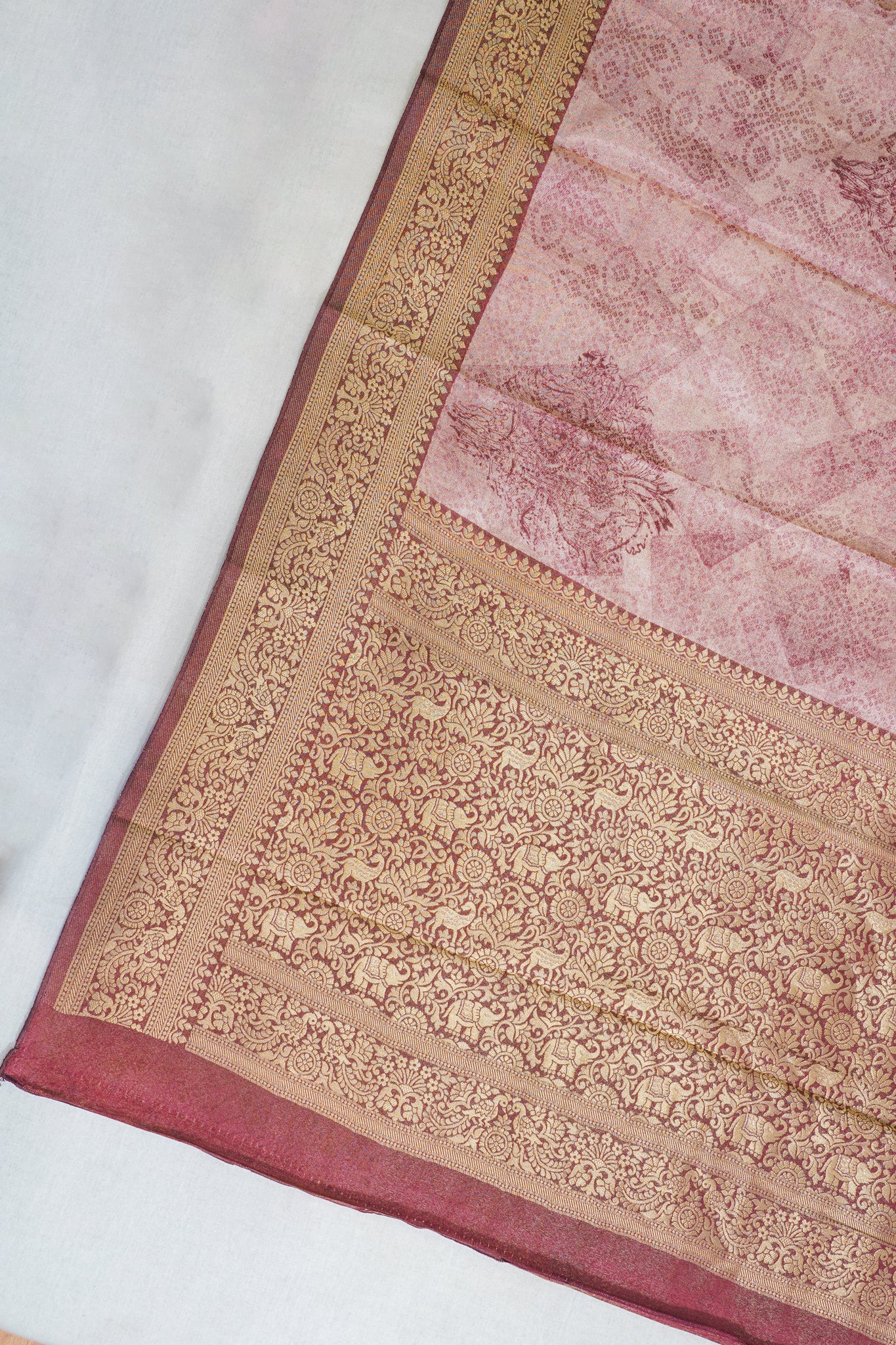 Pink Satin Bandhani Tanchoi Saree with Kalamkari Block Print