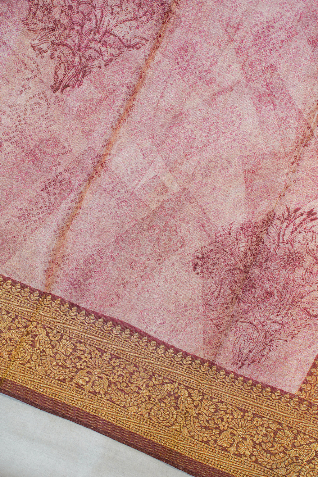 Pink Satin Bandhani Tanchoi Saree with Kalamkari Block Print