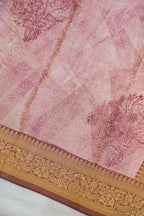 Pink Satin Bandhani Tanchoi Saree with Kalamkari Block Print