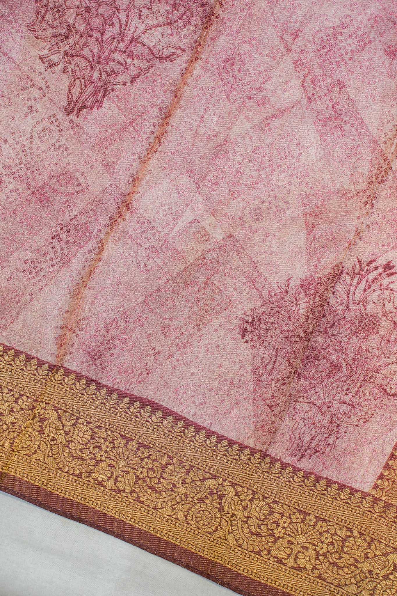 Pink Satin Bandhani Tanchoi Saree with Kalamkari Block Print