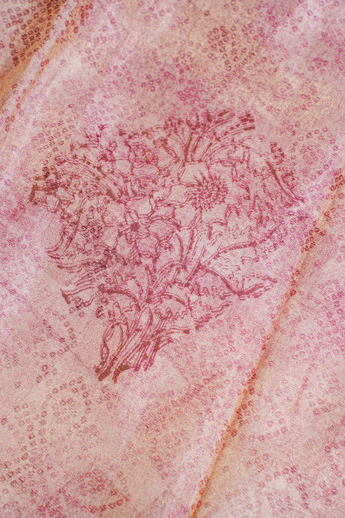 Pink Satin Bandhani Tanchoi Saree with Kalamkari Block Print